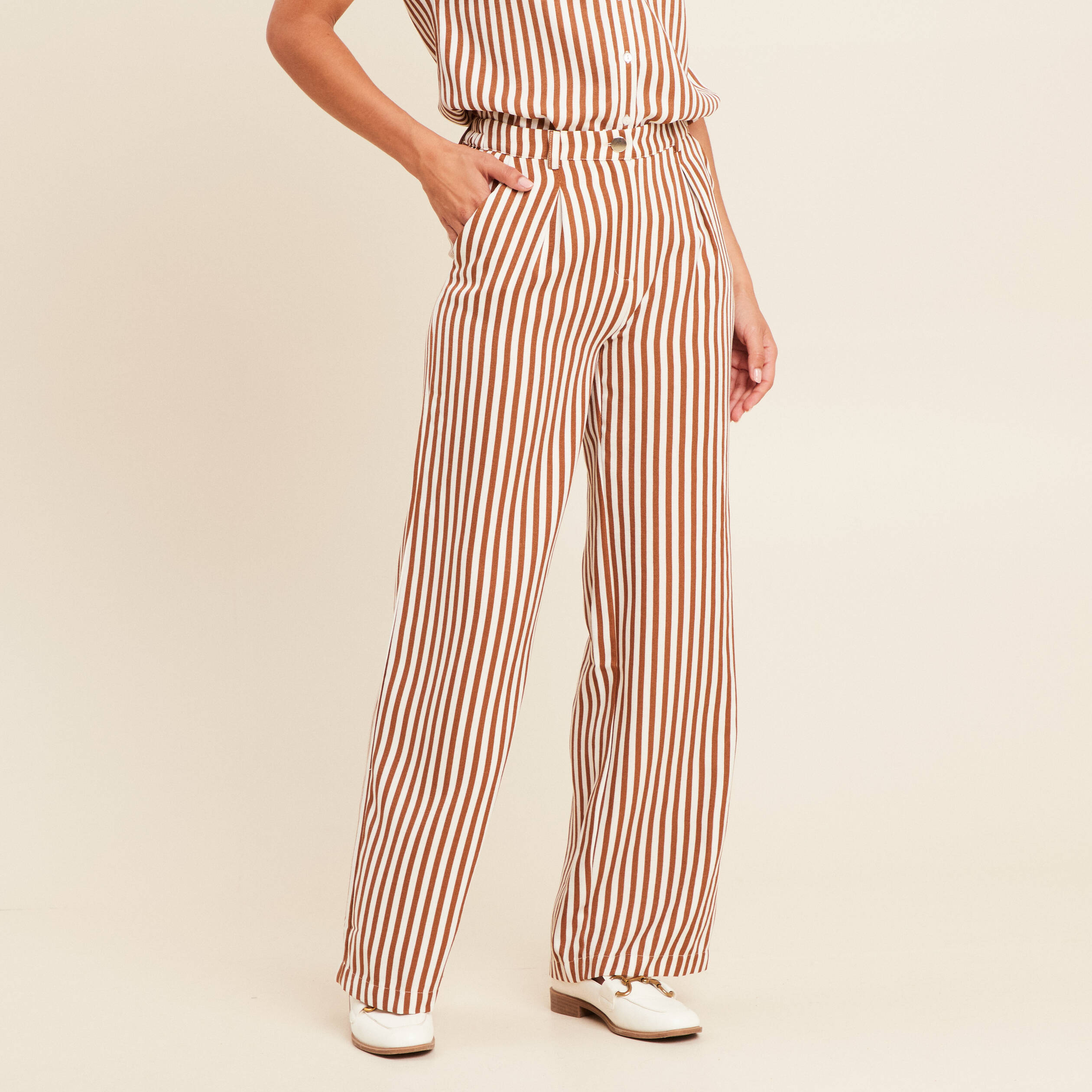 Pantalon large taille haute blanc femme