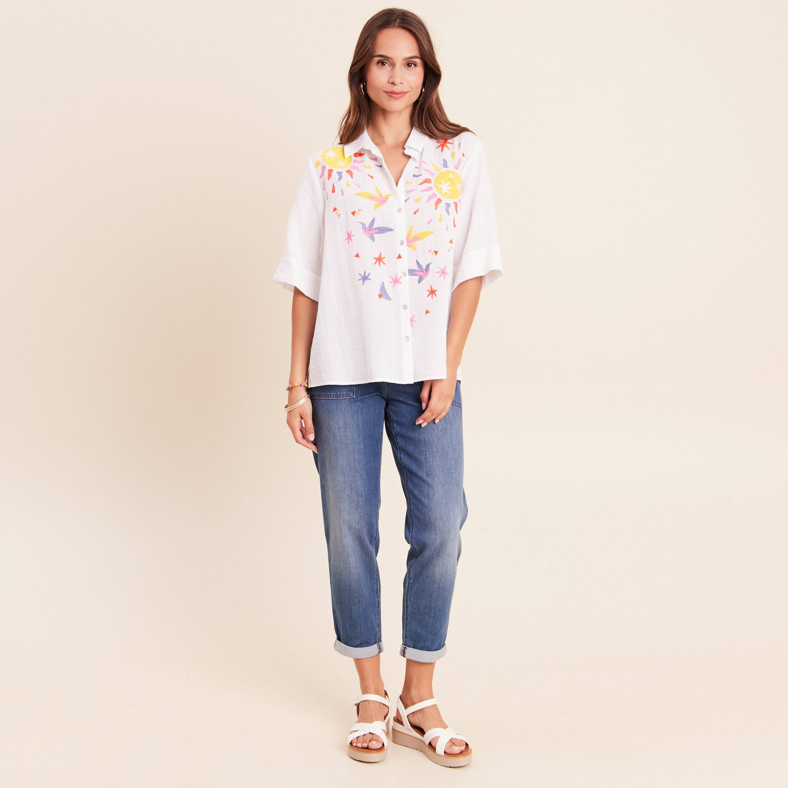 Chemise ample manches 3/4 col chemise blanc femme