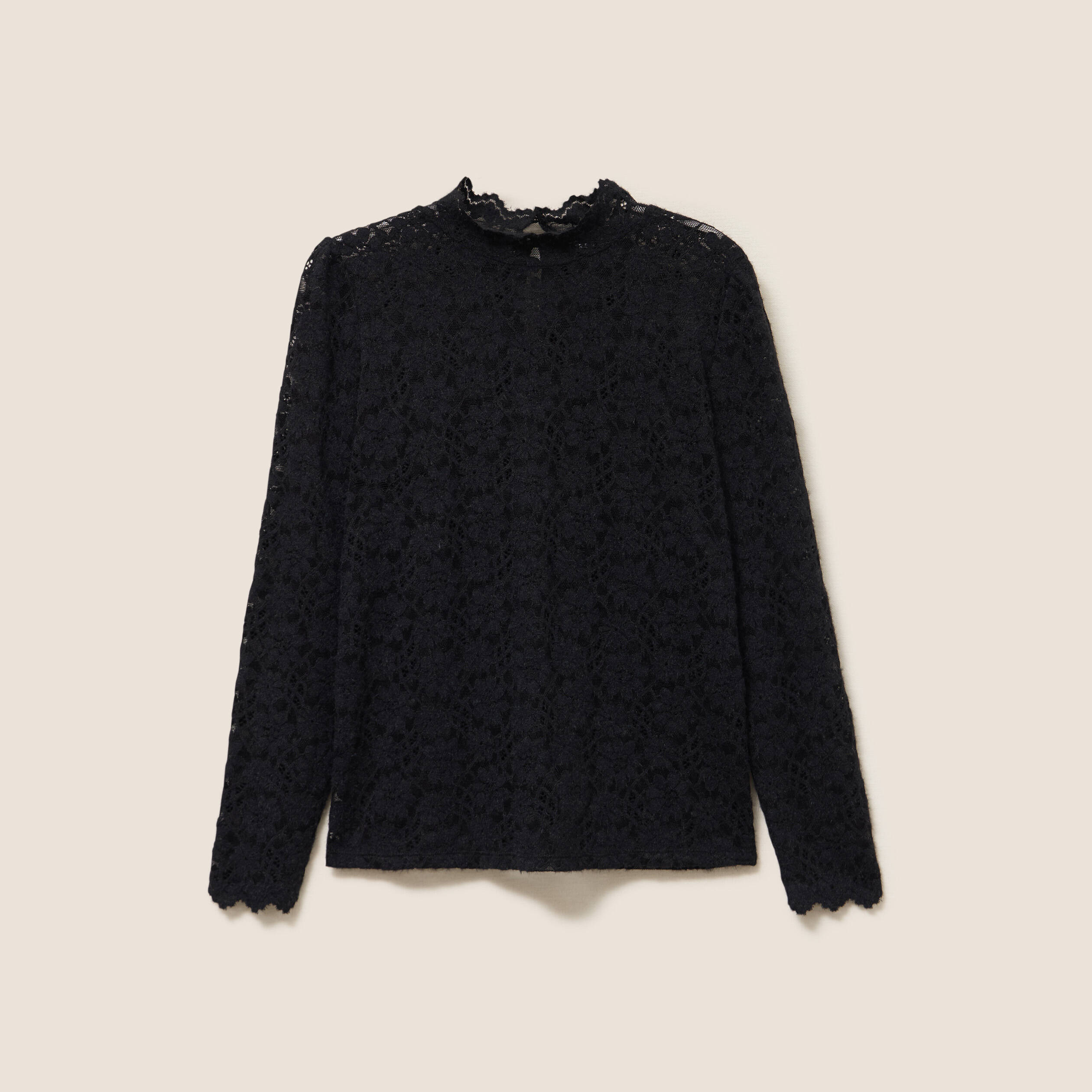 T-shirt cintr&eacute; col montant dentelle noir femme