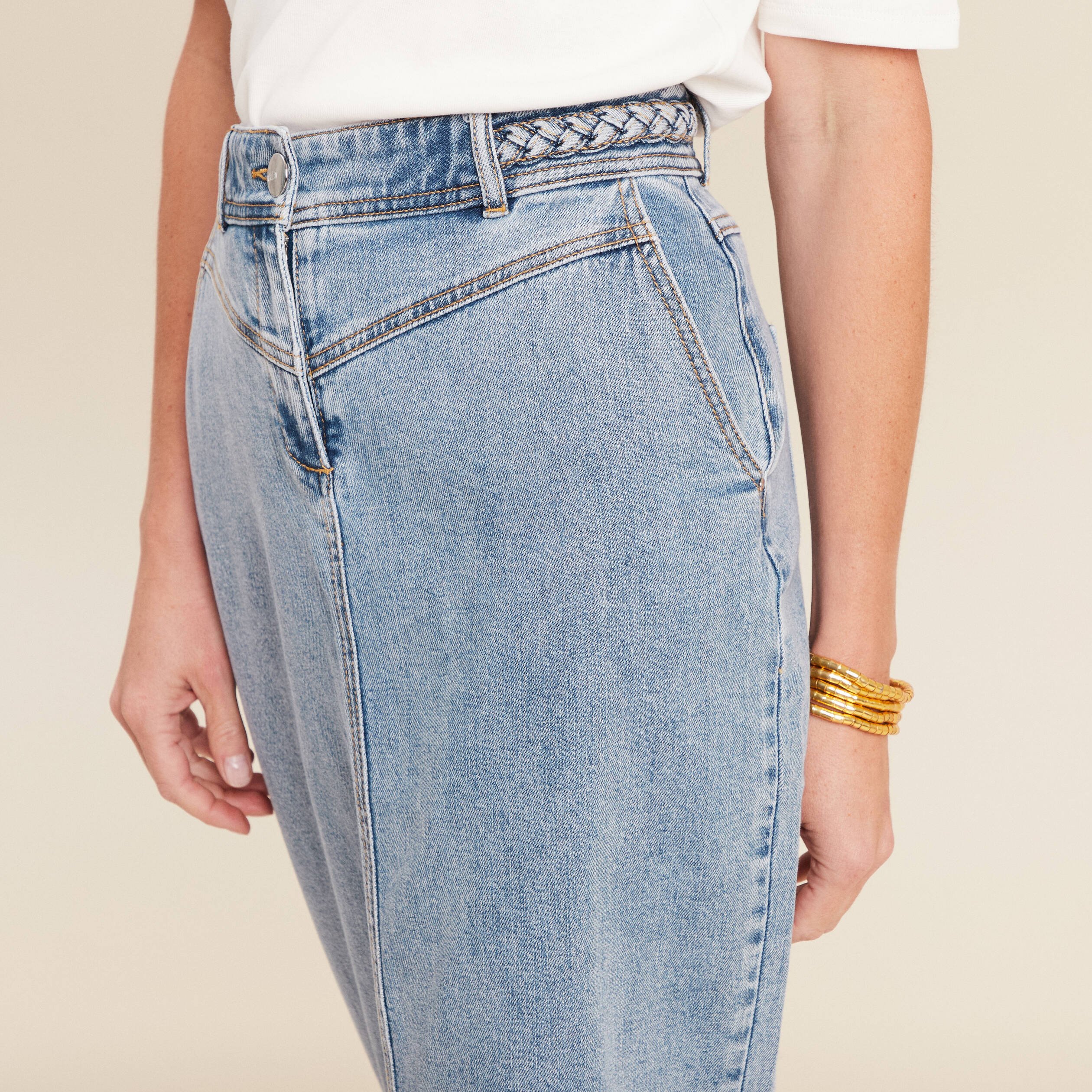 jupe longue droite taille haute en jean denim double stone femme Jupe longue droite taille haute en jean denim double stone femme
