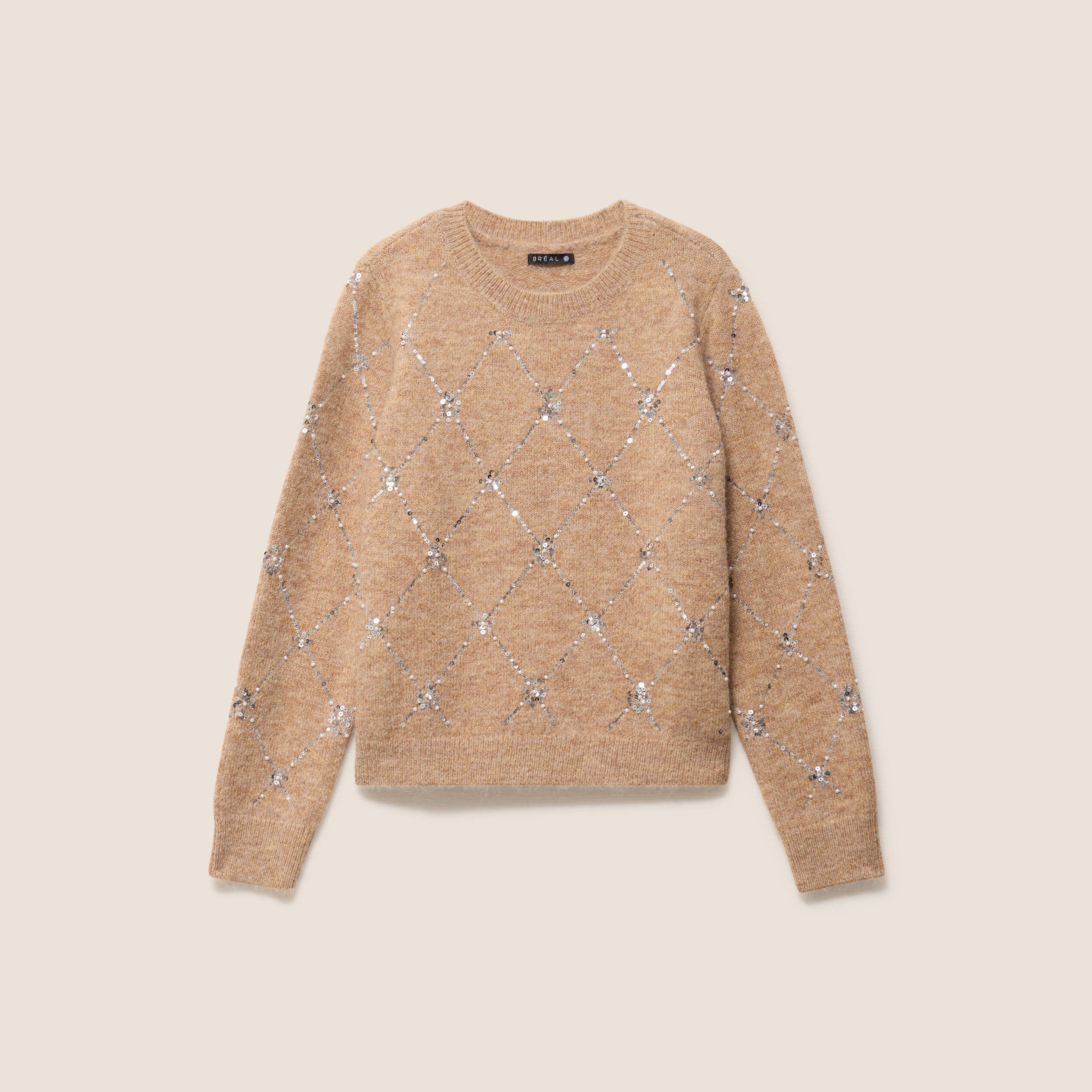 Pull col rond &agrave; sequins marron clair femme