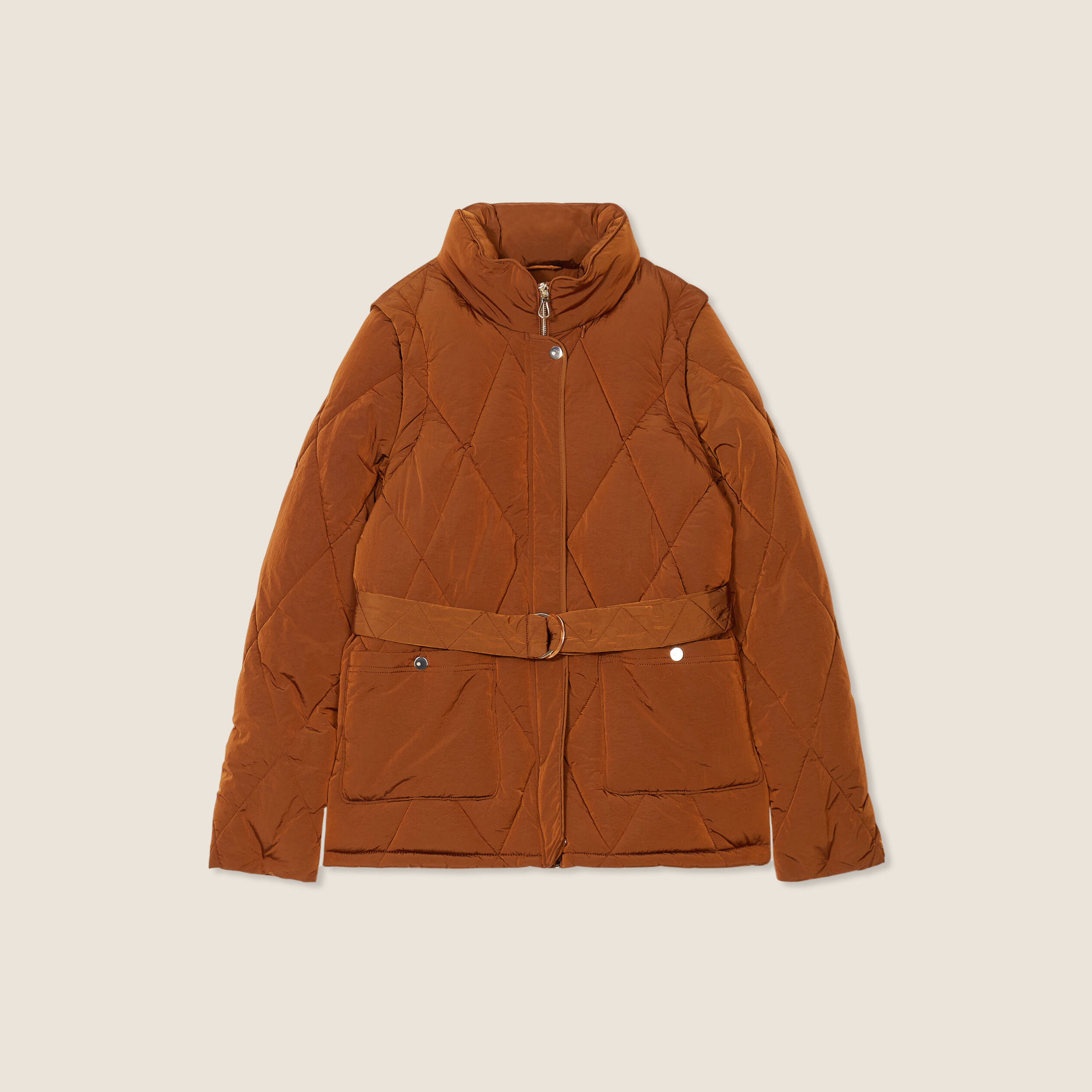 Doudoune d&eacute;perlante cintr&eacute;e ceintur&eacute;e marron femme