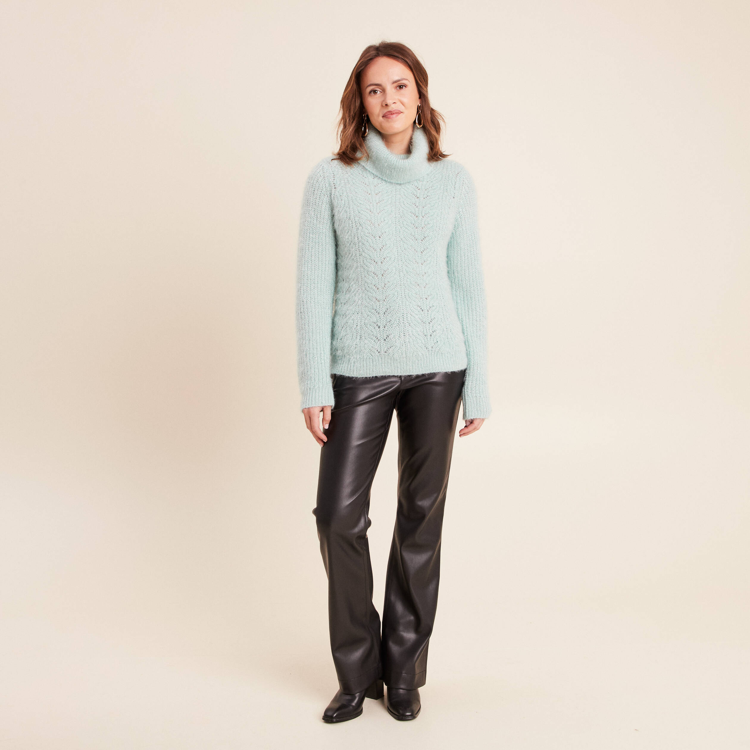 Pull droit manches longues vert pastel femme