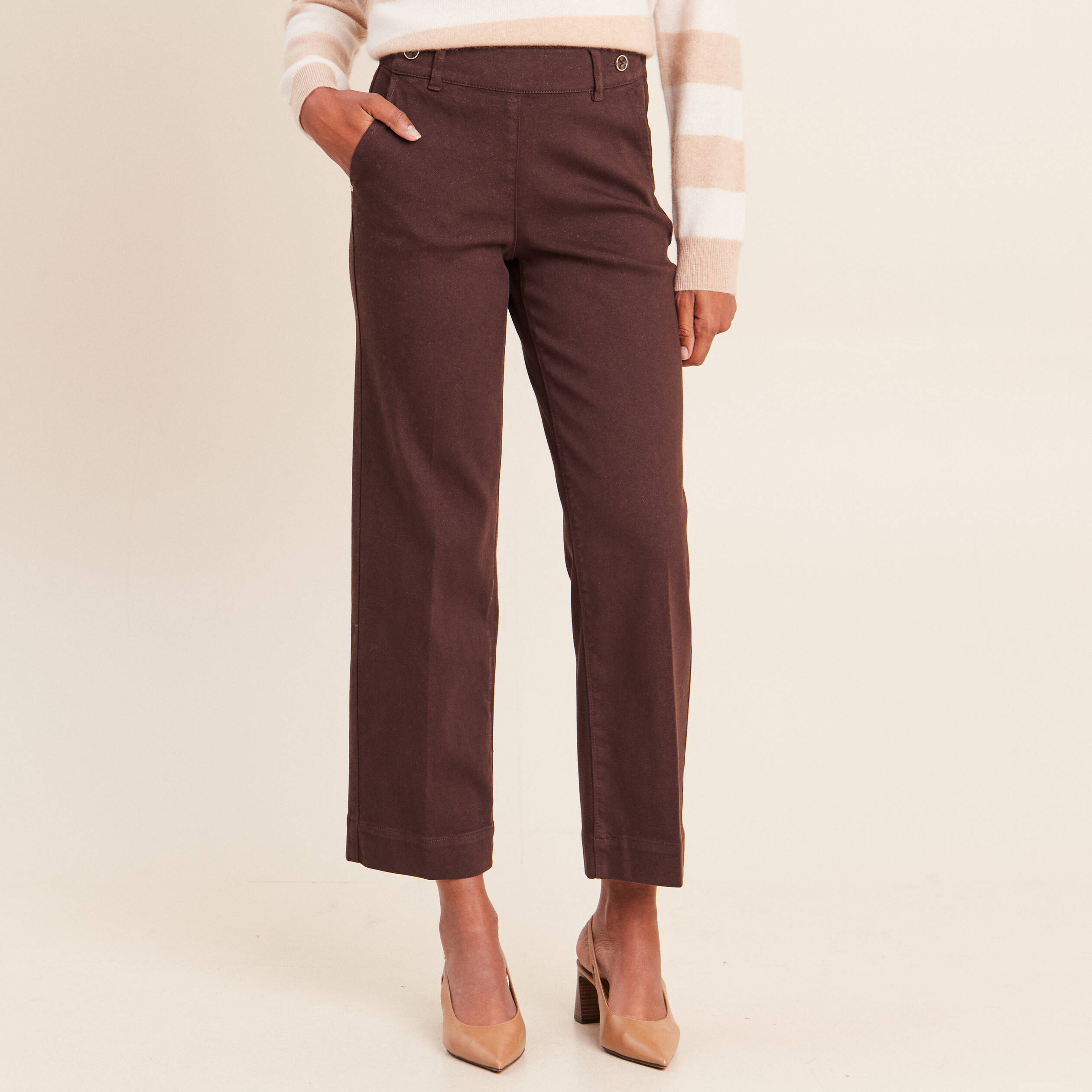 Jean large taille haute &agrave; paillettes marron fonc&eacute; femme