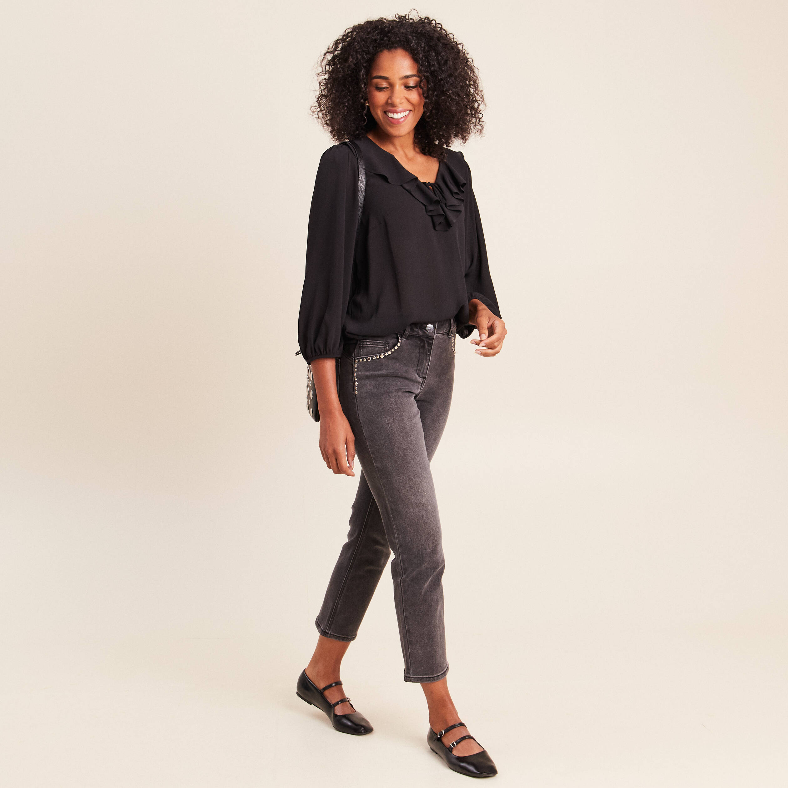 Jean droit 7/8&egrave;me taille bascul&eacute;e denim gris femme