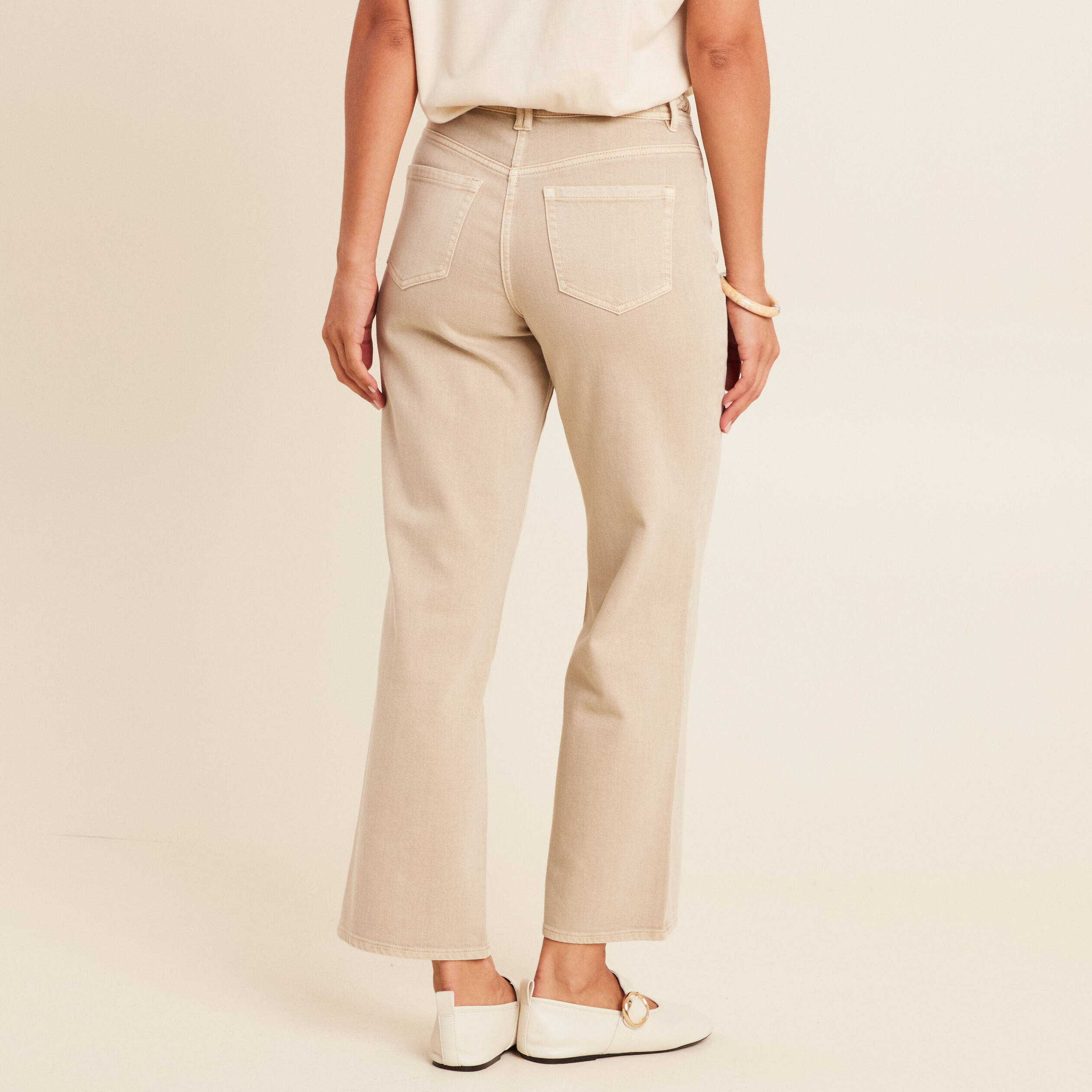 Jean coupe large 7/8&egrave;me taille haute denim beige femme