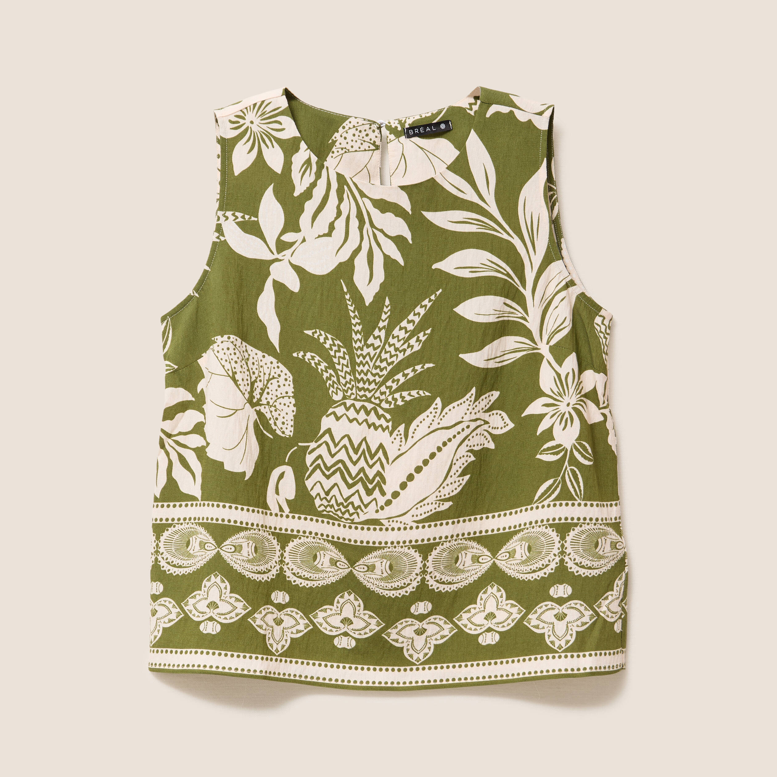 Blouse droite courte sans manches vert kaki femme