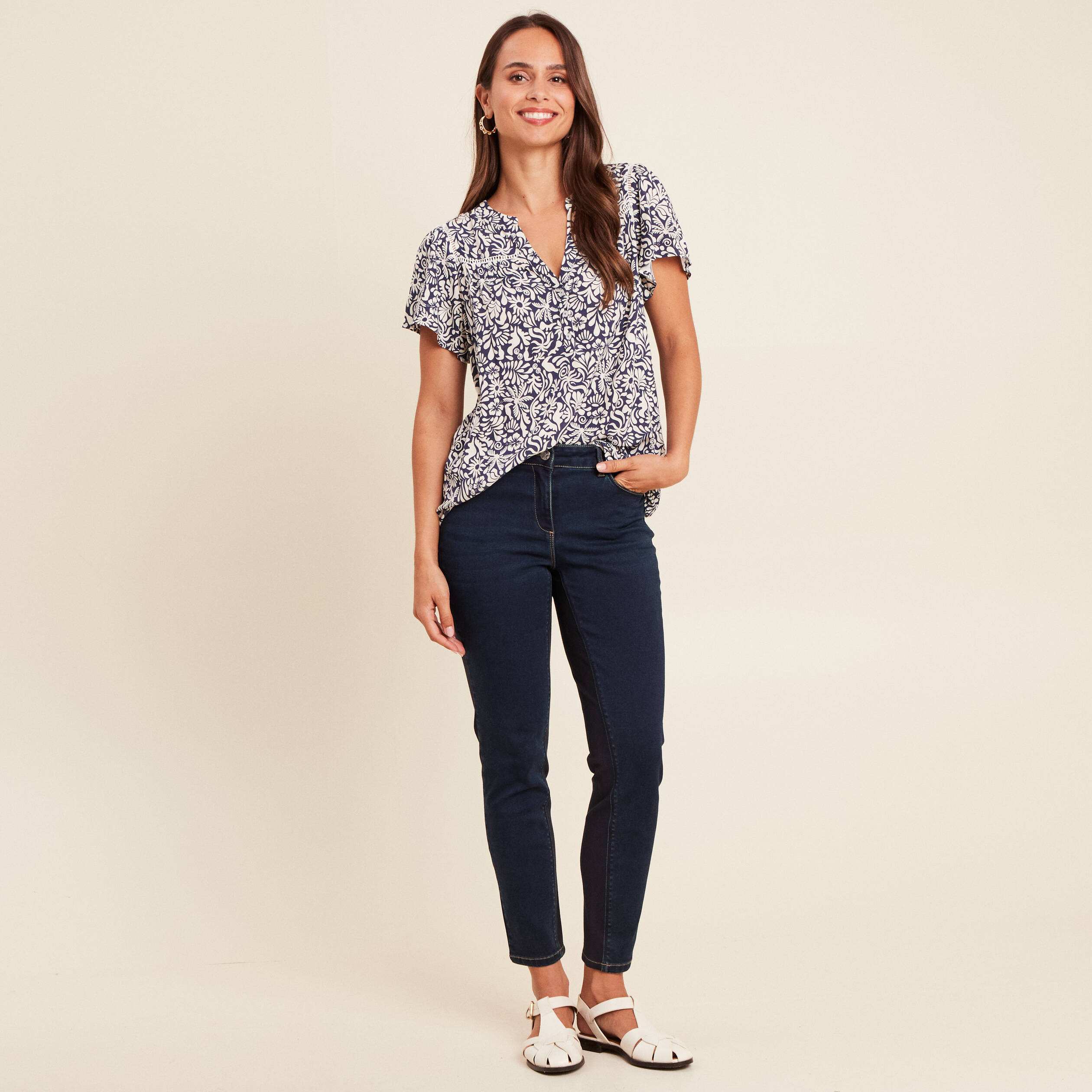 blouse fluide col v manches courtes bleu femme Blouse fluide col V manches courtes bleu femme