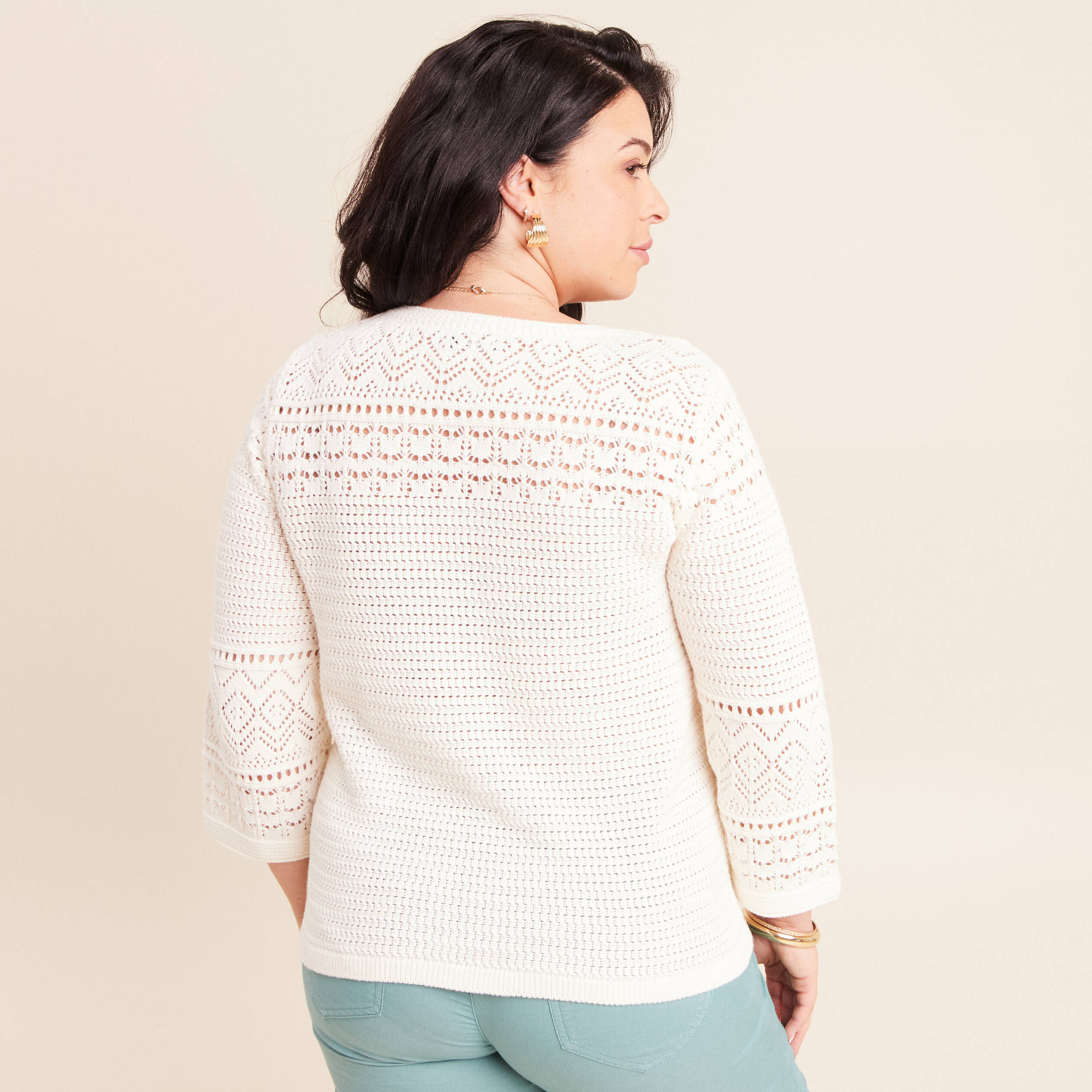 Pull col tunisien manches 3/4 ecru femme