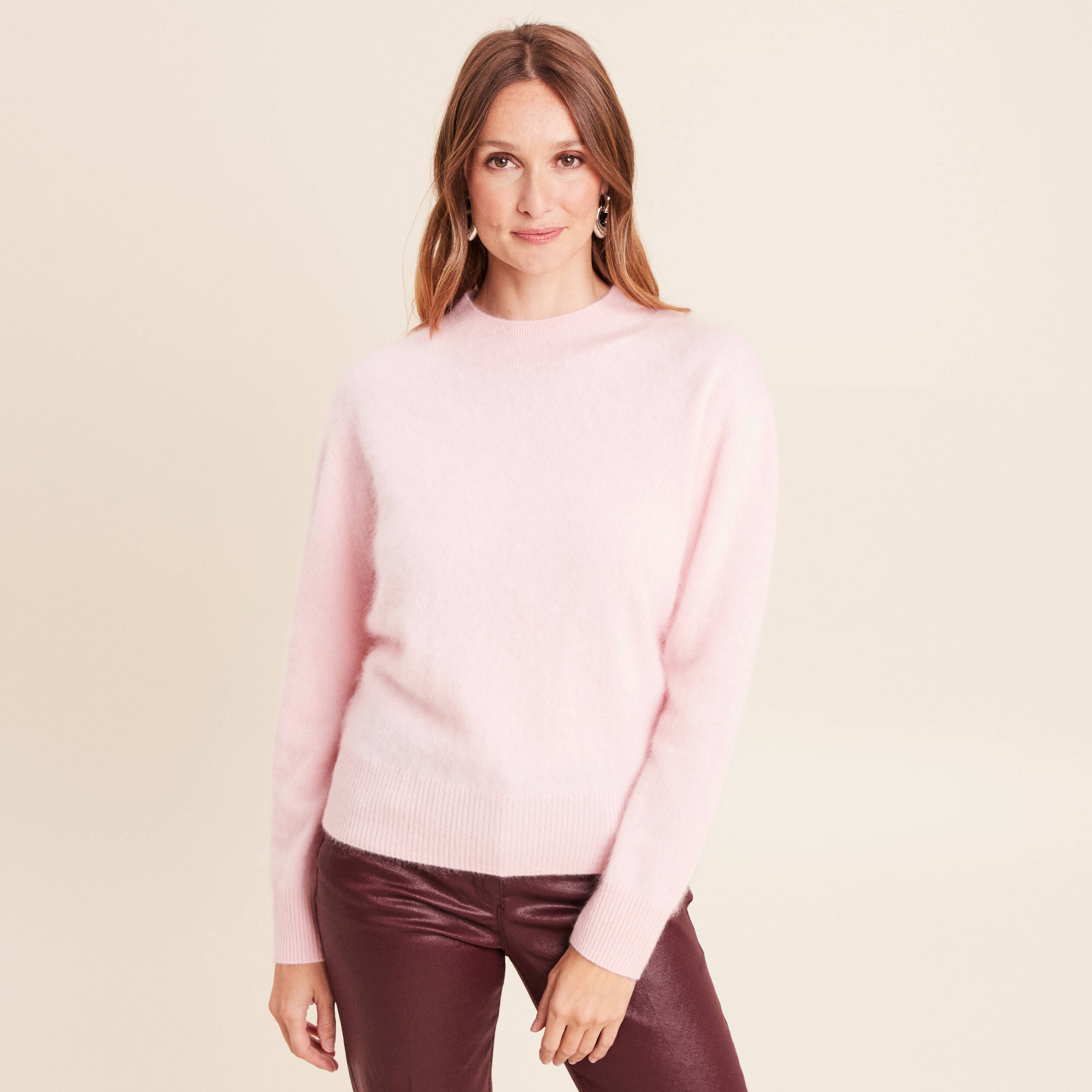 Pull cachemire col montant rose femme