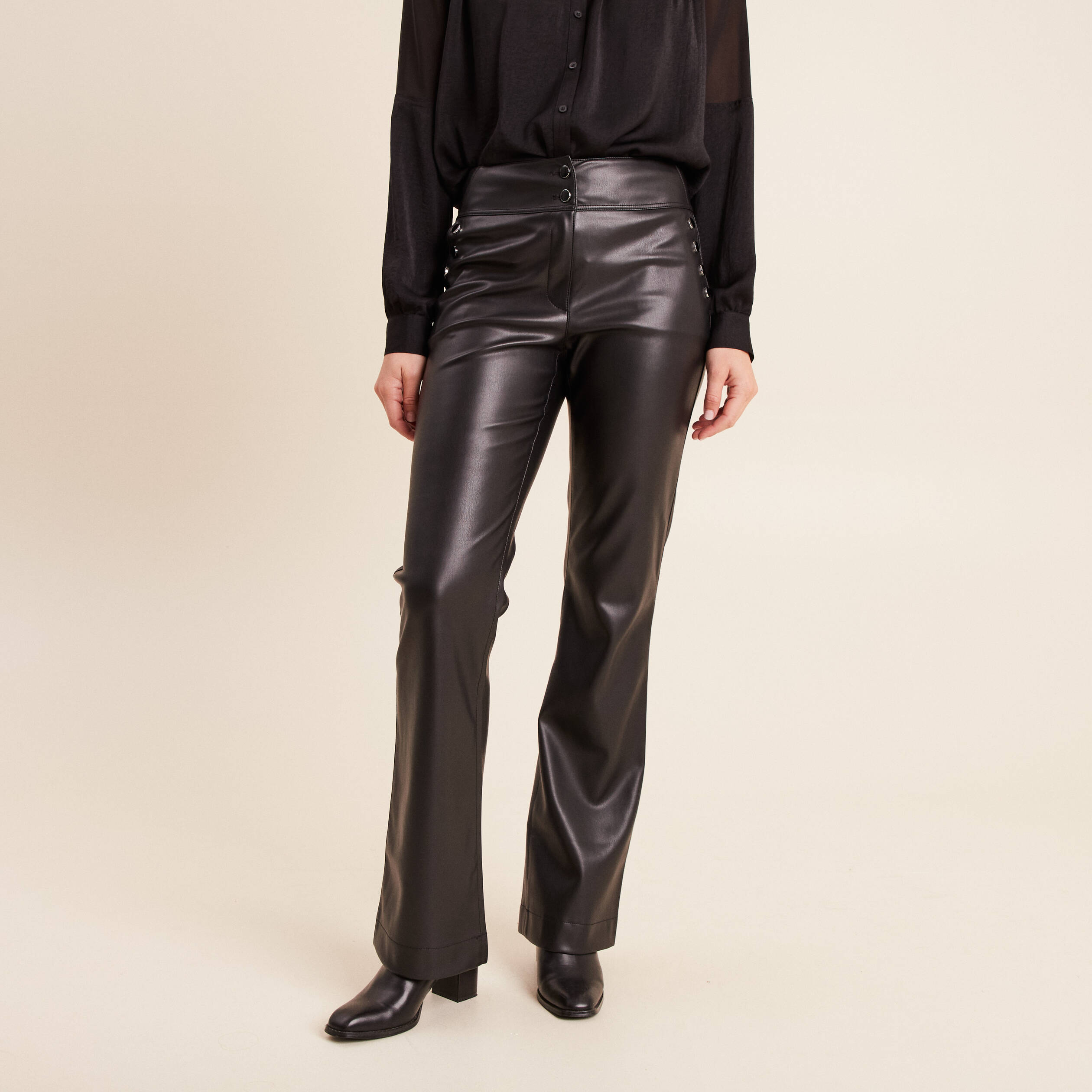 Pantalon bootcut taille haute similicuir noir femme