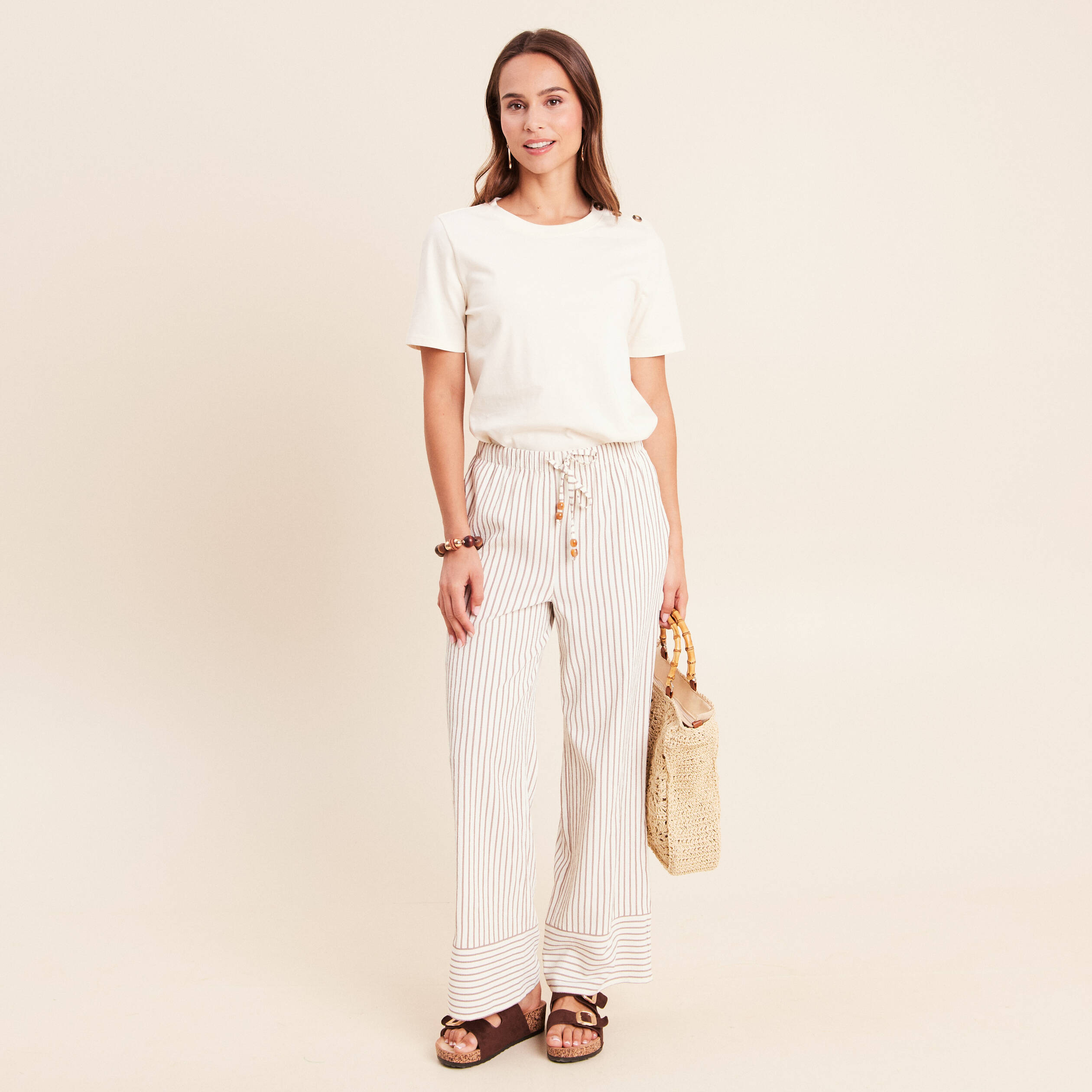 Pantalon large taille haute taupe femme