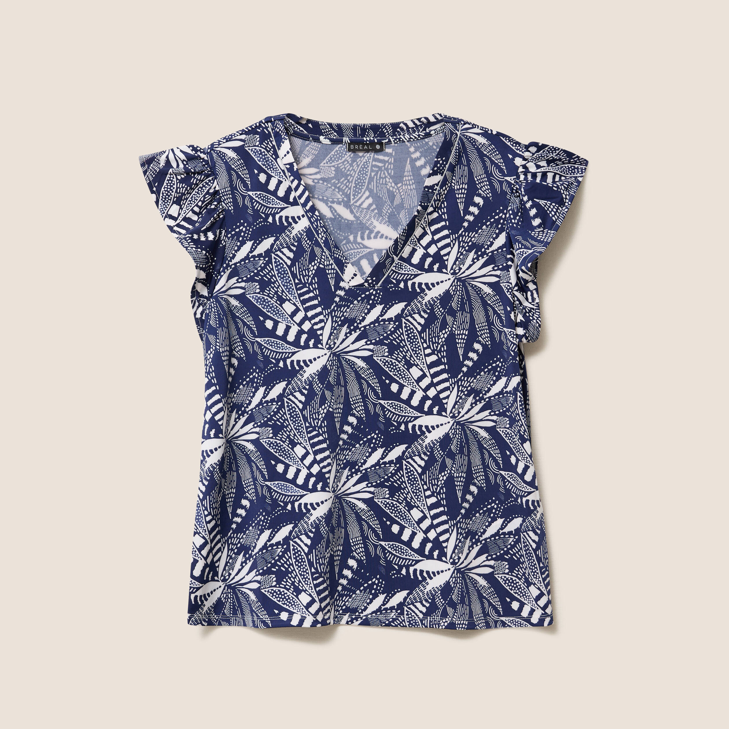 T-shirt col v manches courtes bleu femme