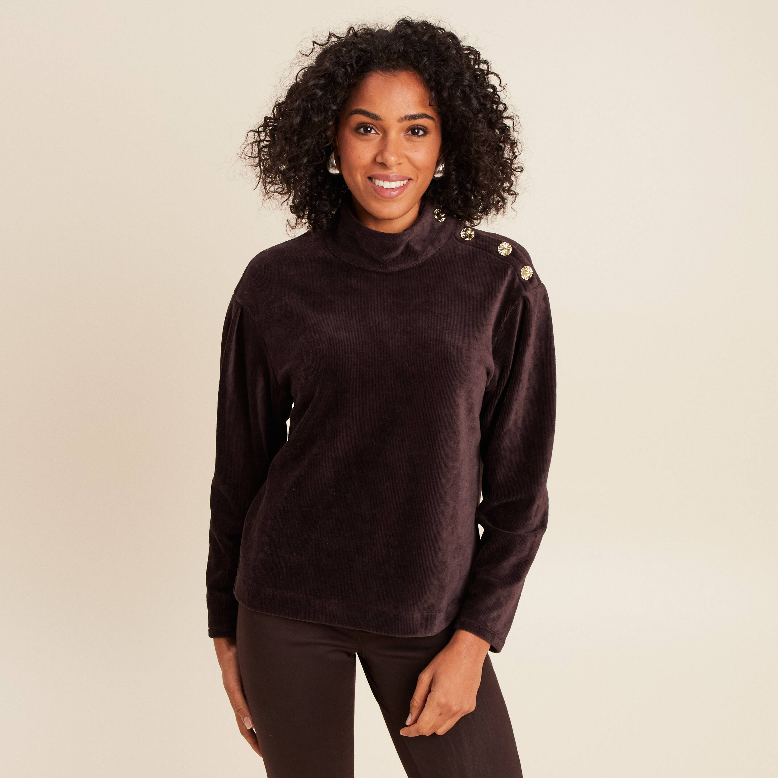 T-shirt cintré col rond manches longues marron foncé femme