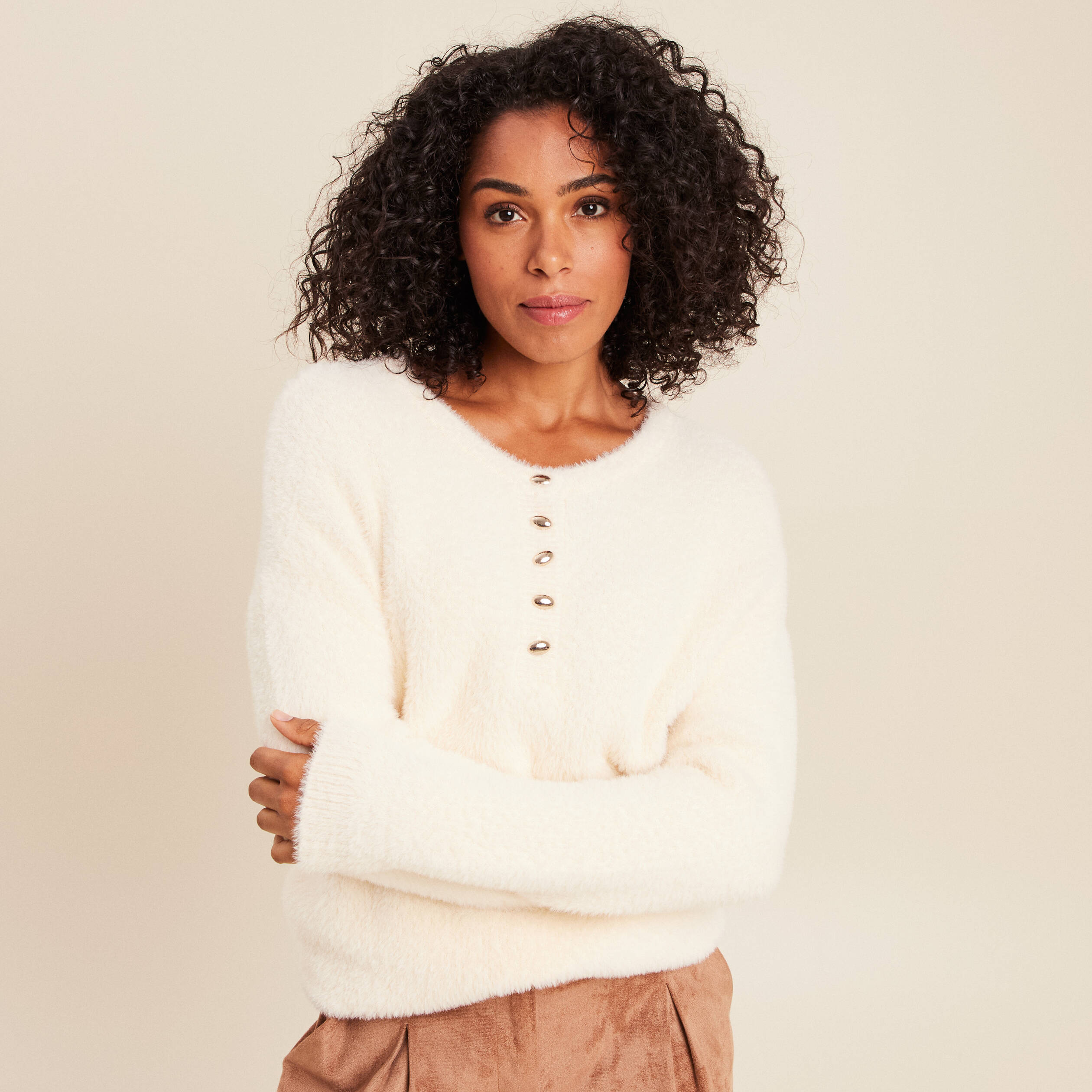 Pull col en V oversize ivoire femme | Morgan