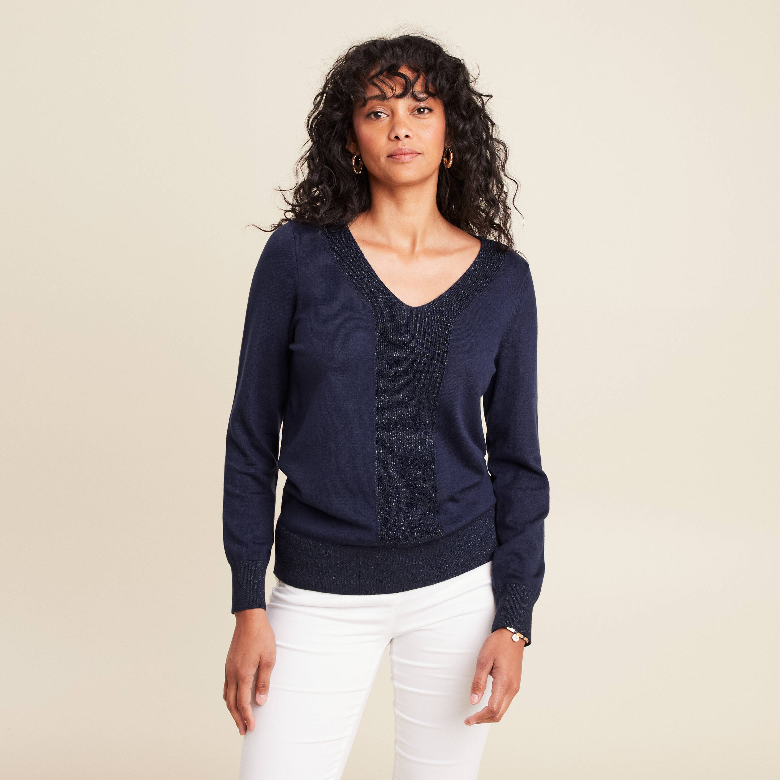 Pull Col V Manches Longues Brillant Couleur Or Femme | Bréal
