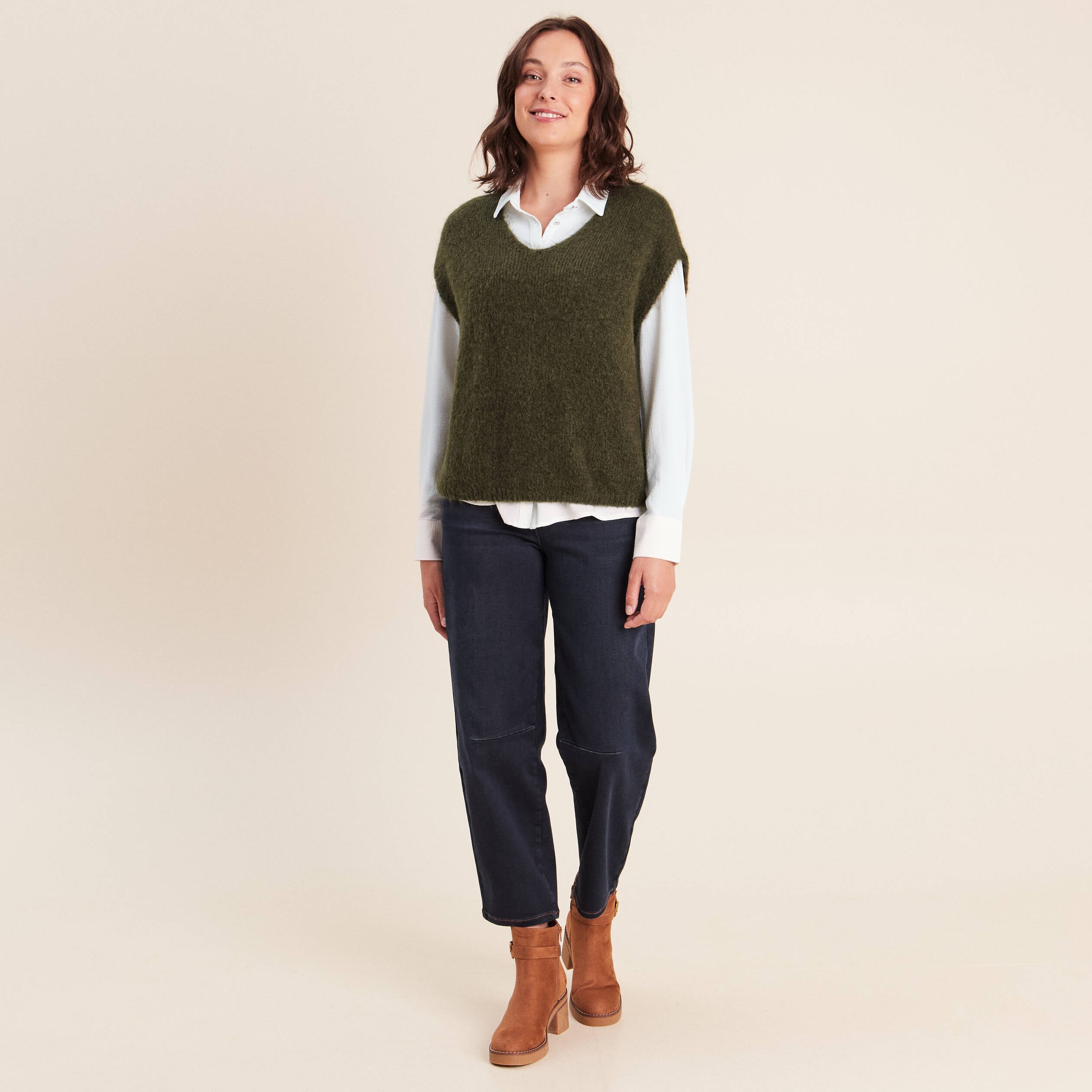 Pull sans manches vert kaki femme