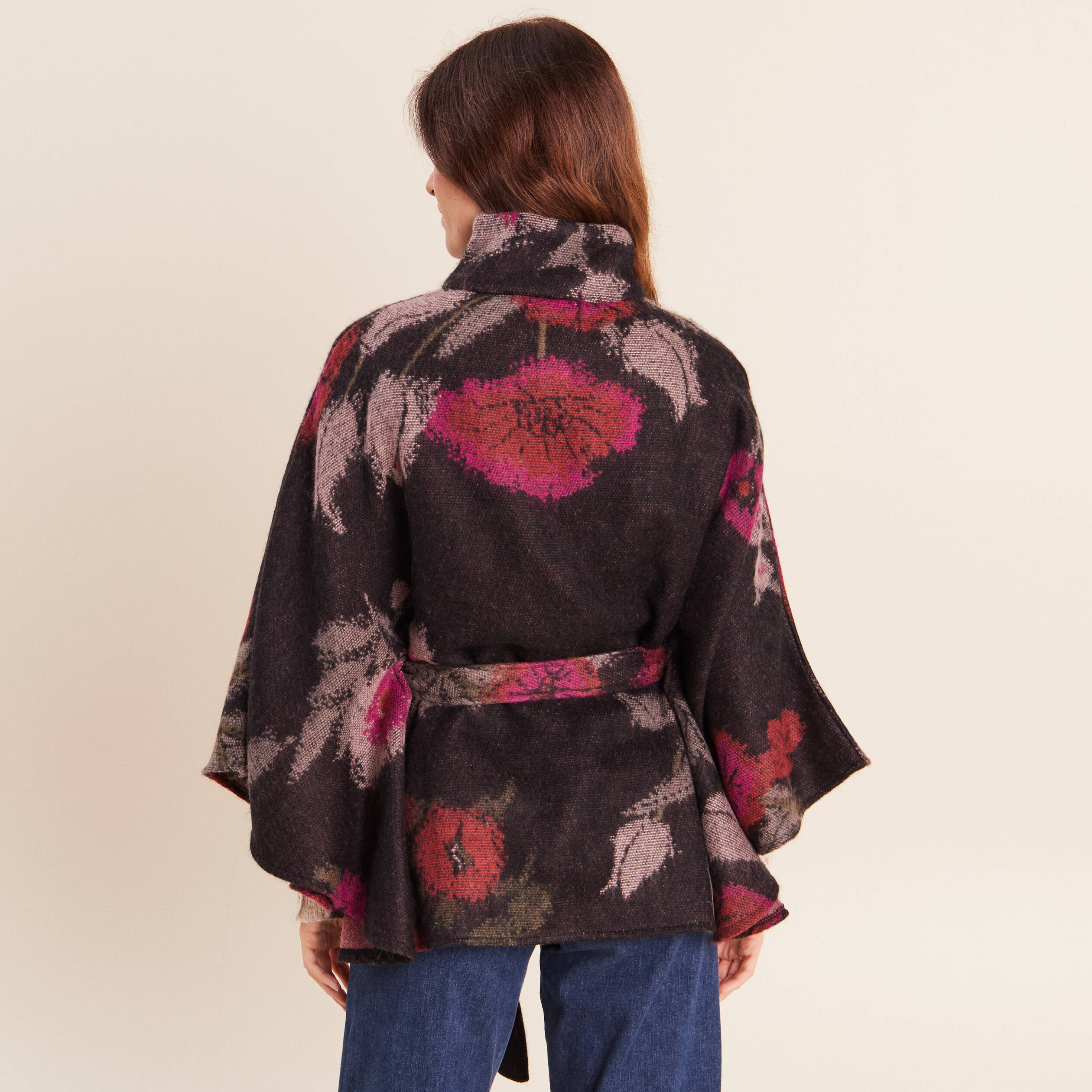 Poncho ceintur&eacute; jacquard multicolore femme