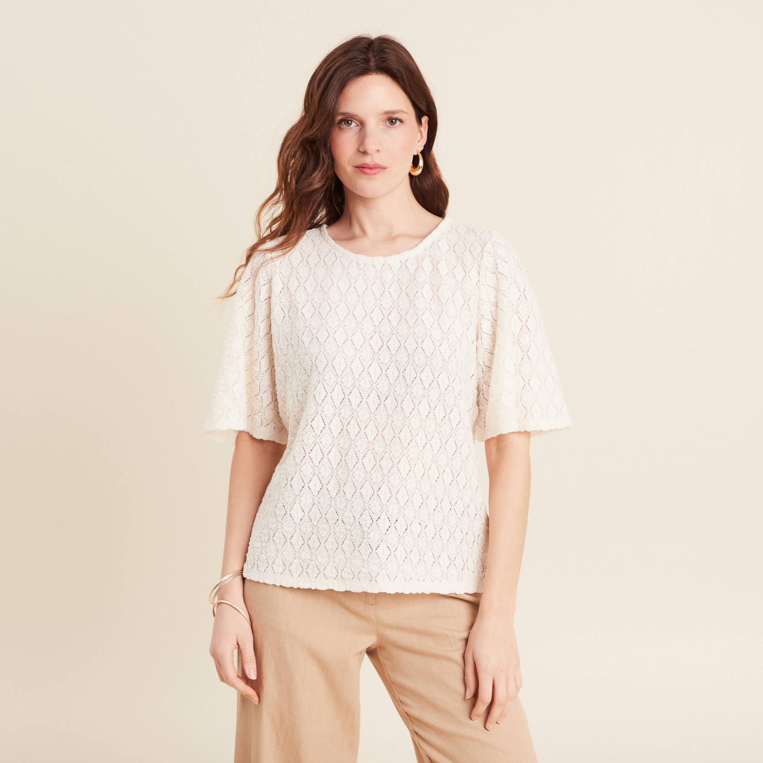 blouse manches courtes ajouree ecru femme Blouse manches courtes ajourée ecru femme