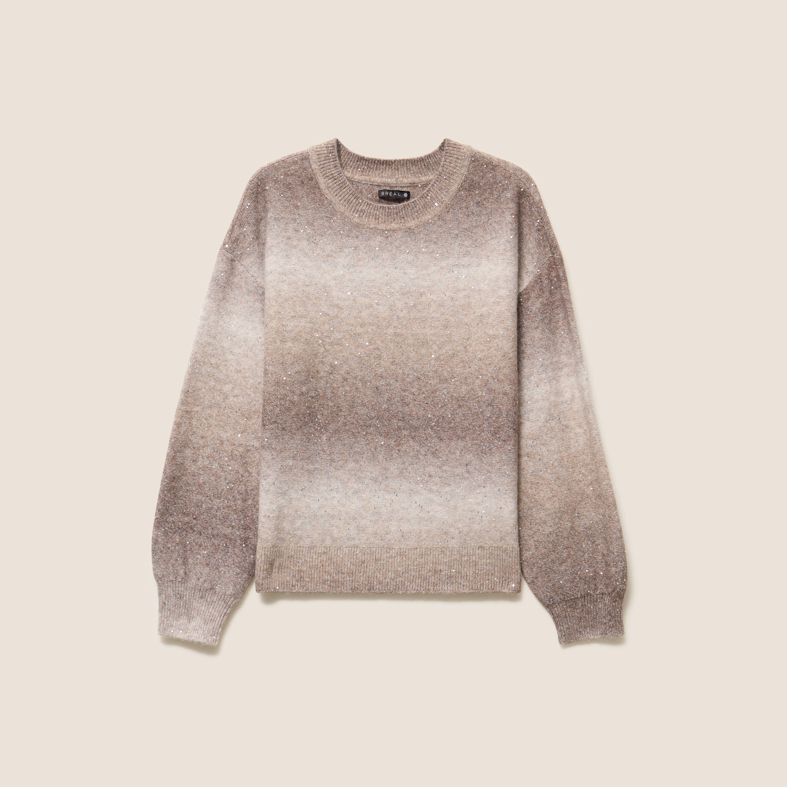 Pull col rond &agrave; sequins taupe femme