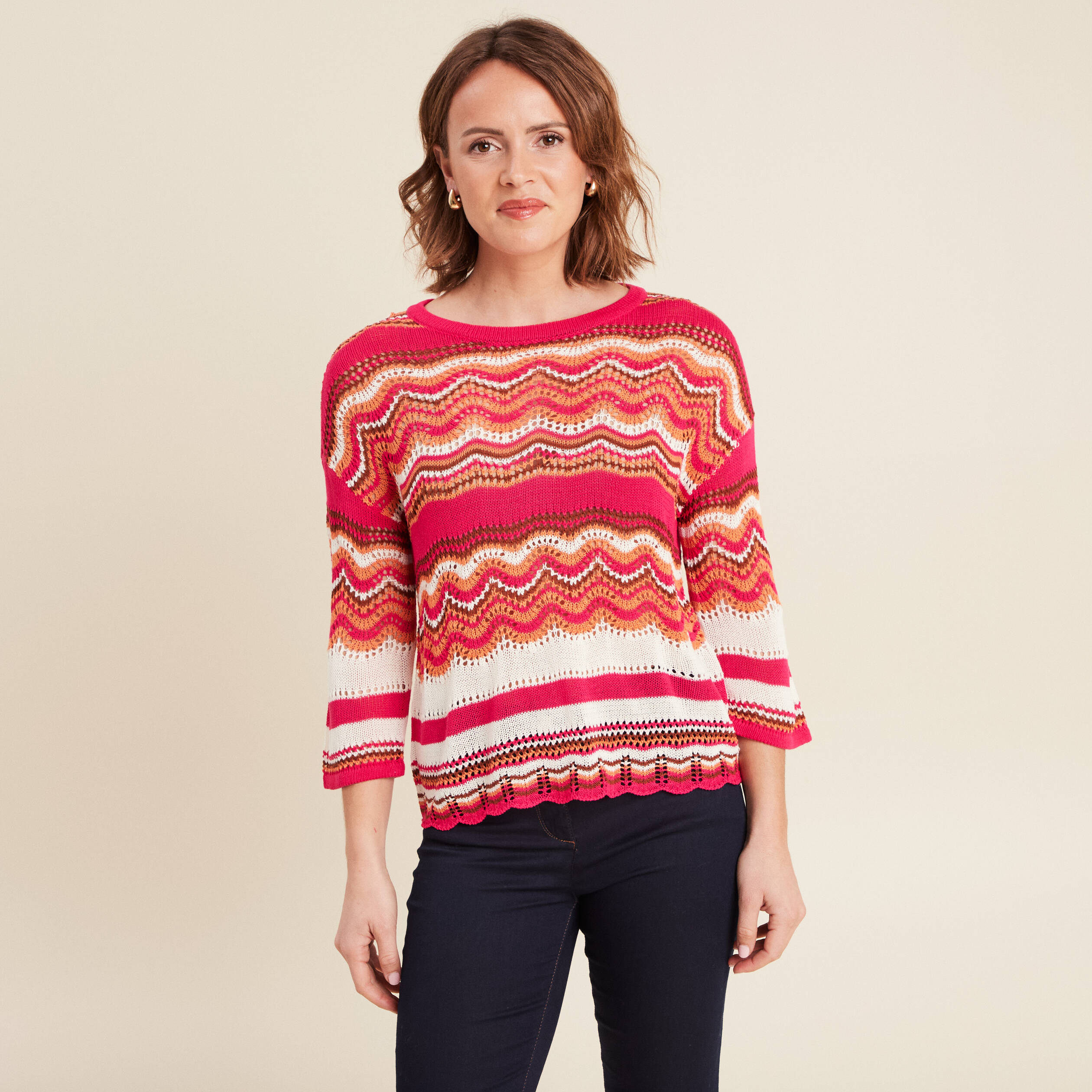 pull manches 34 ajoure rose fushia femme Pull manches 3/4 ajouré rose fushia femme