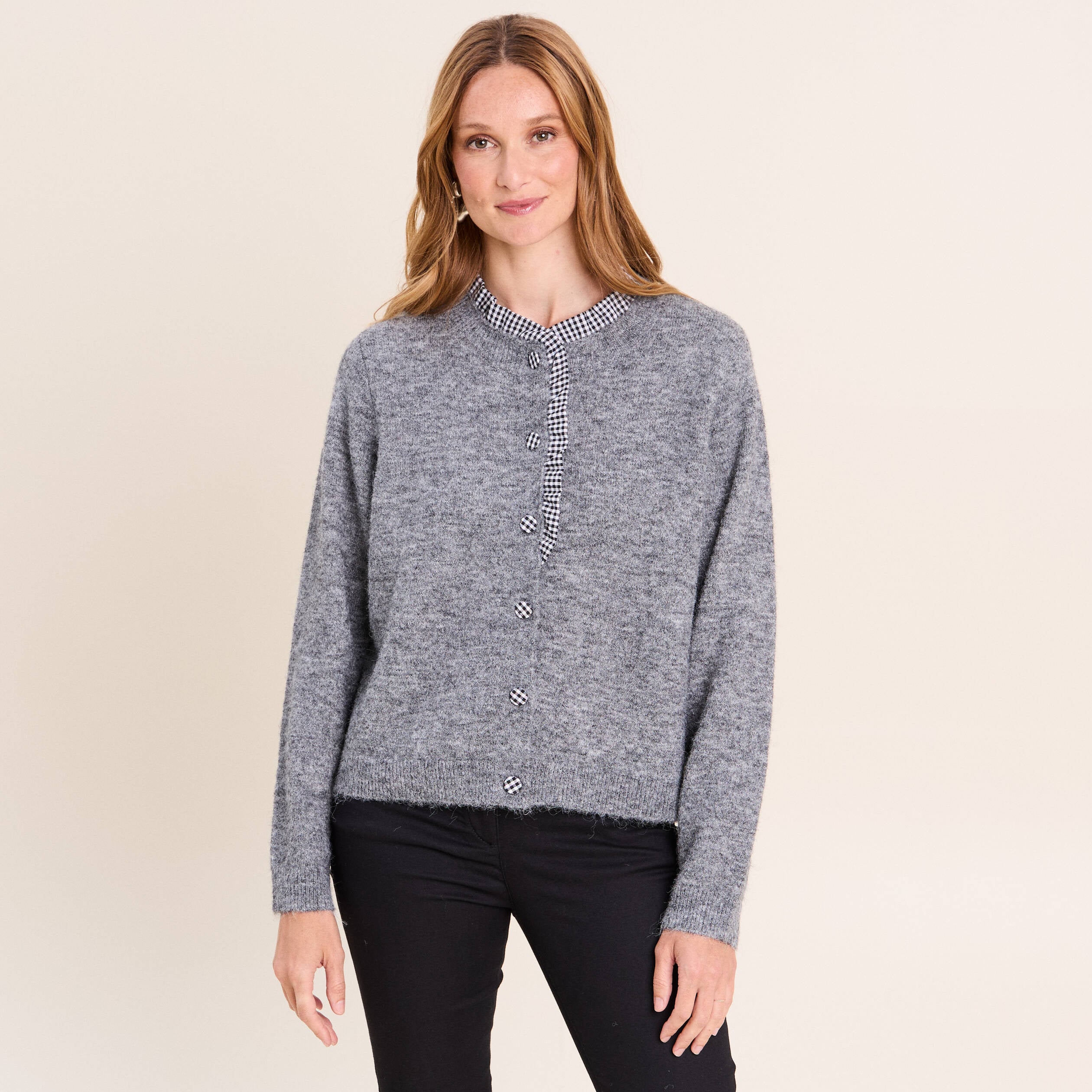 Gilet avec d&eacute;tails au col gris fonc&eacute; femme