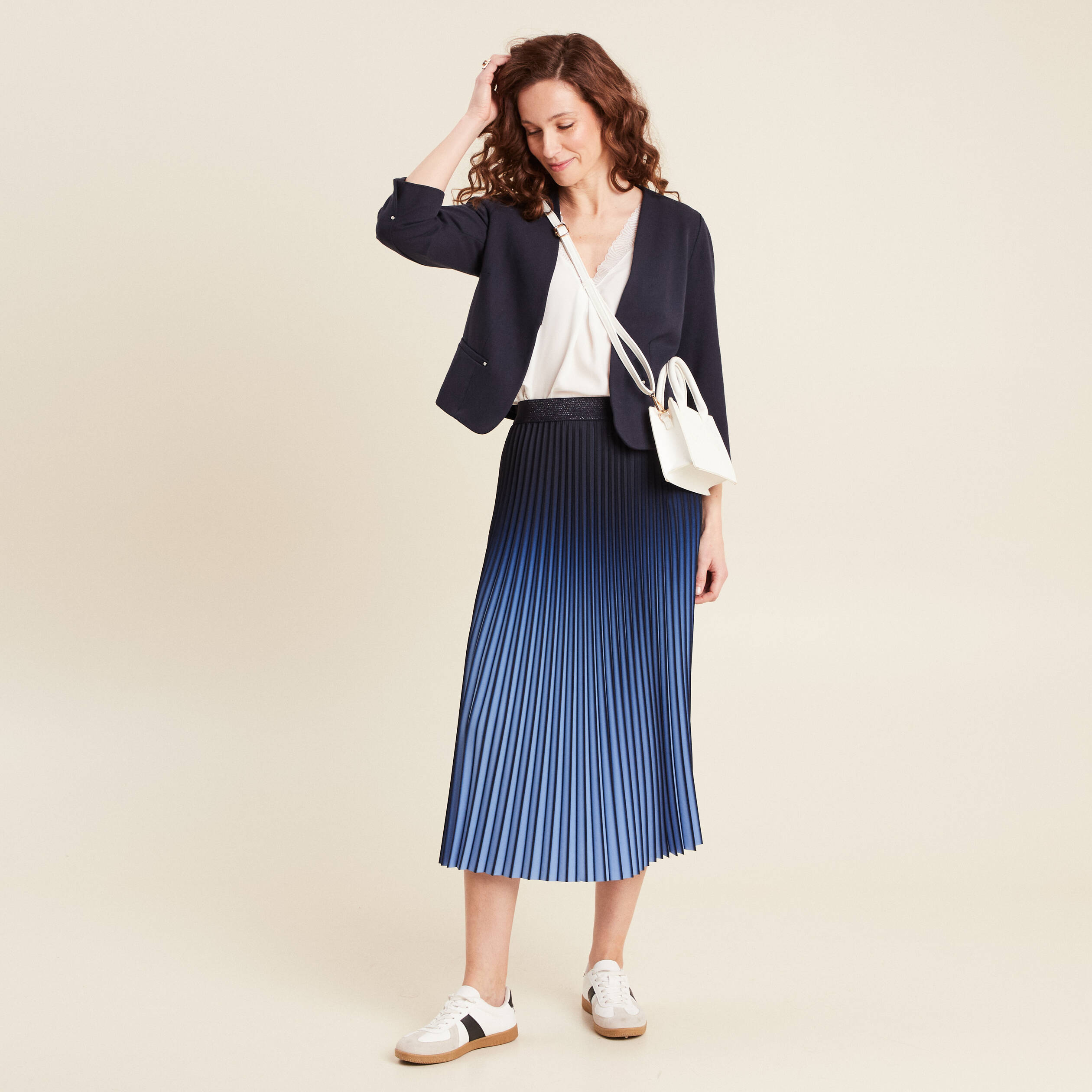 Jupe midi patineuse pliss&eacute;e bleu ciel femme