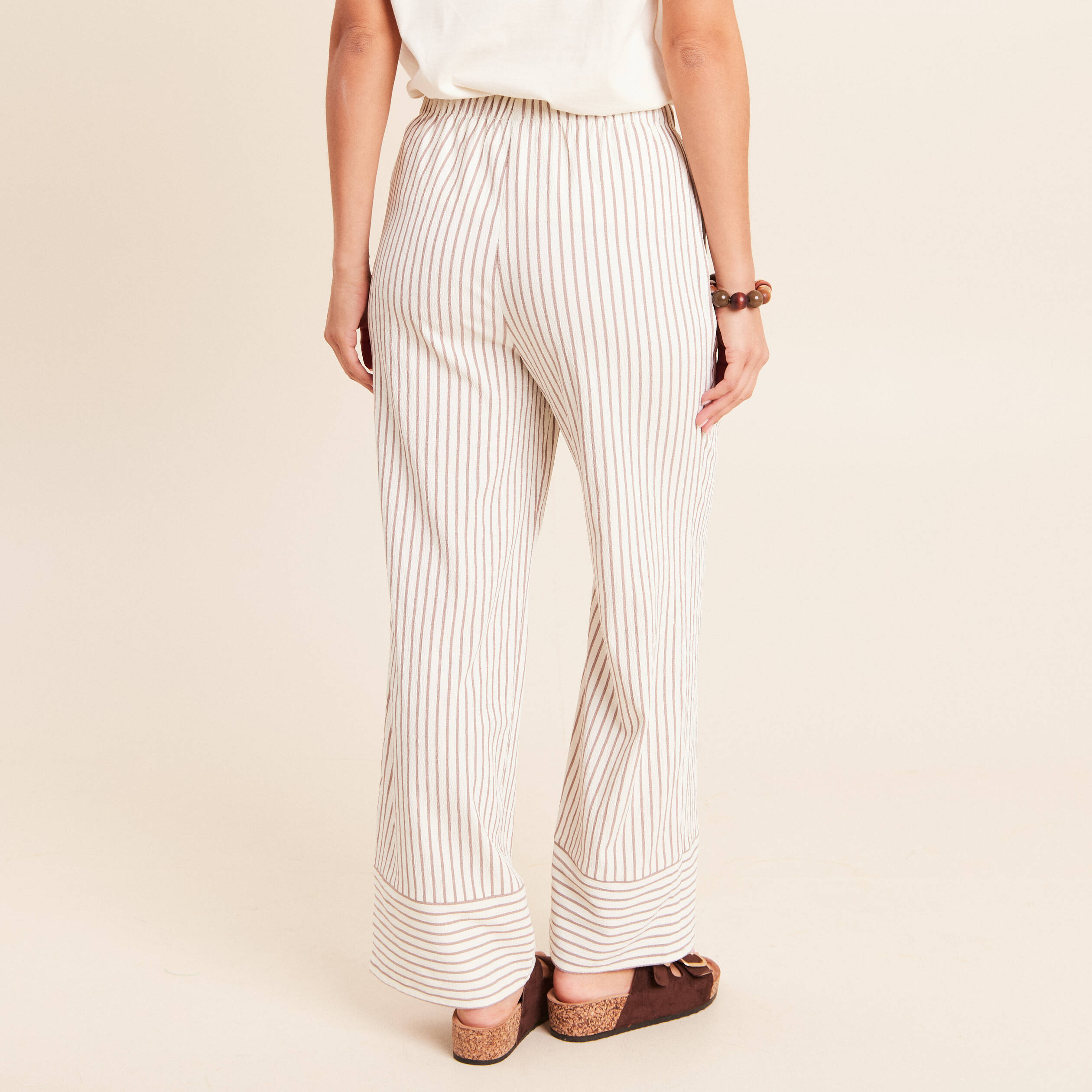 Pantalon large taille haute taupe femme