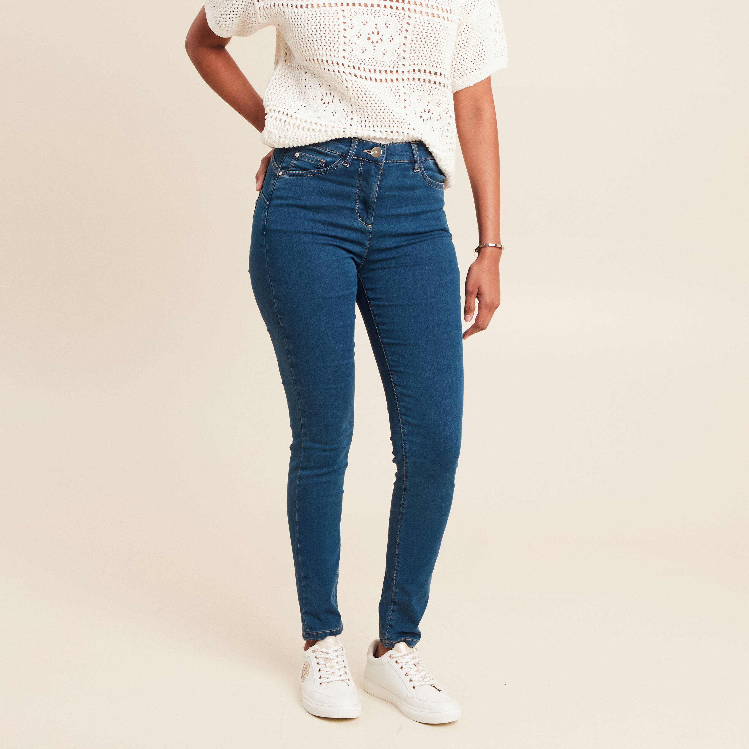 jeans leger taille haute long denim double stone femme Jeans léger taille haute long denim double stone femme