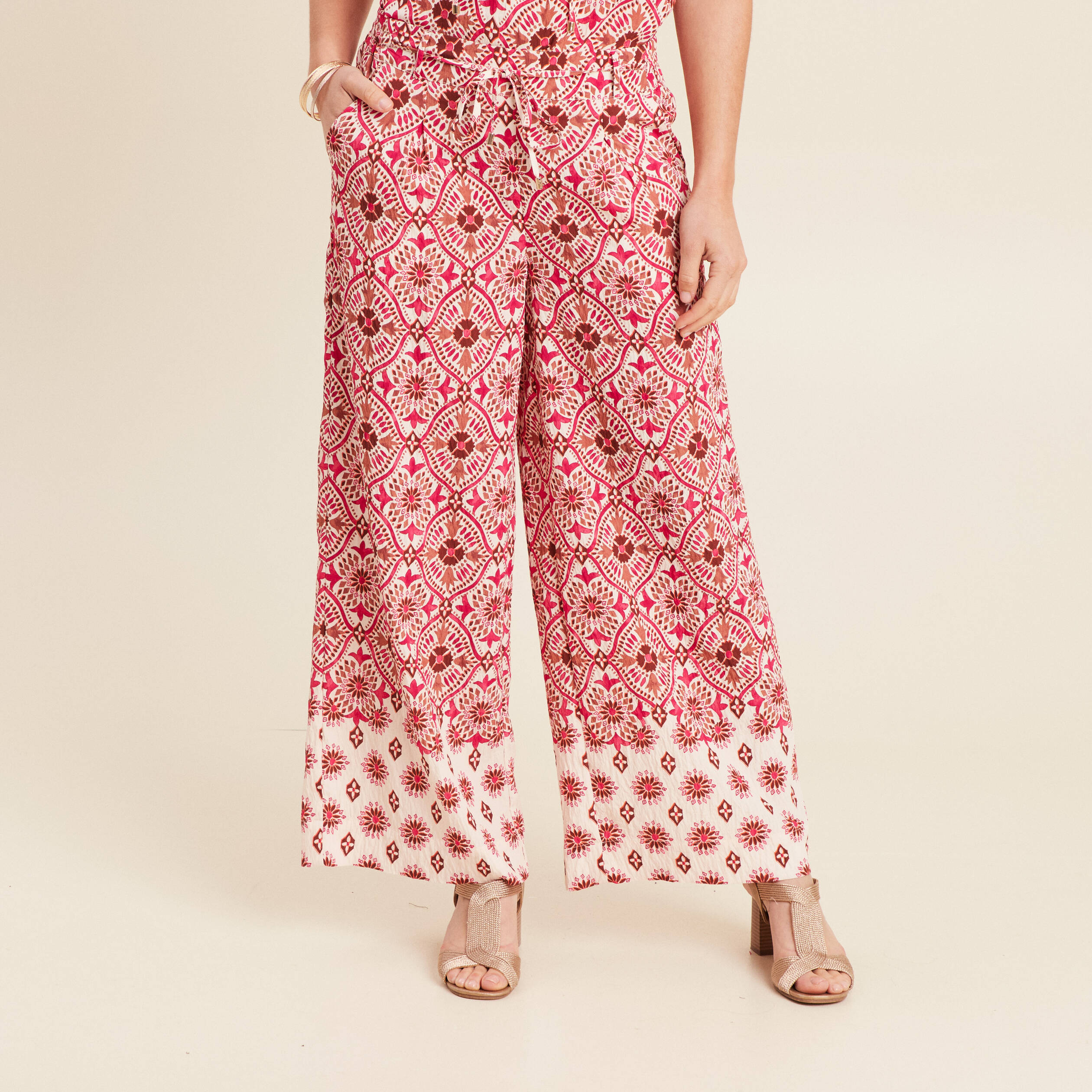 pantalon large taille haute rose femme Pantalon large taille haute rose femme