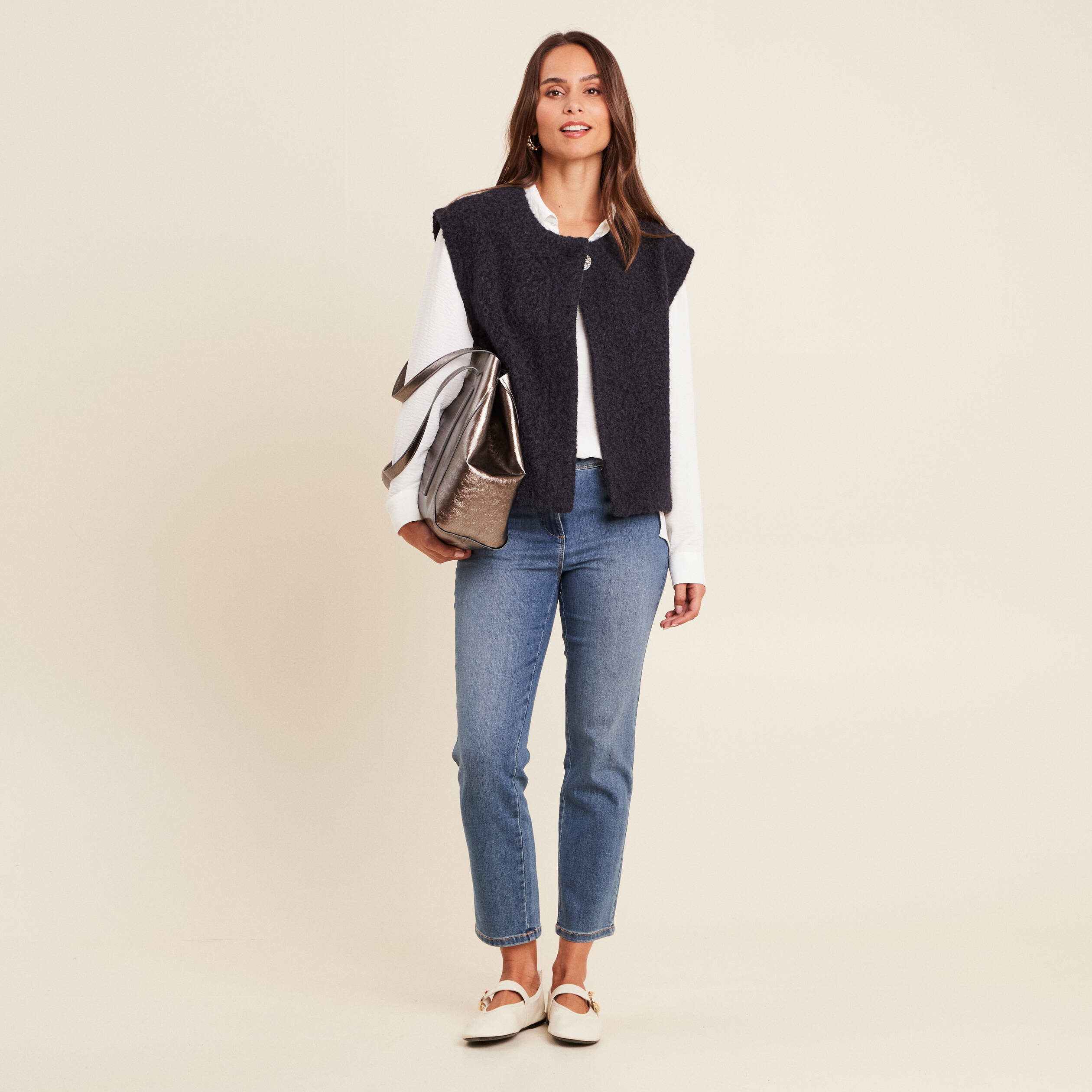 Gilet ample sans manches bleu fonc&eacute; femme