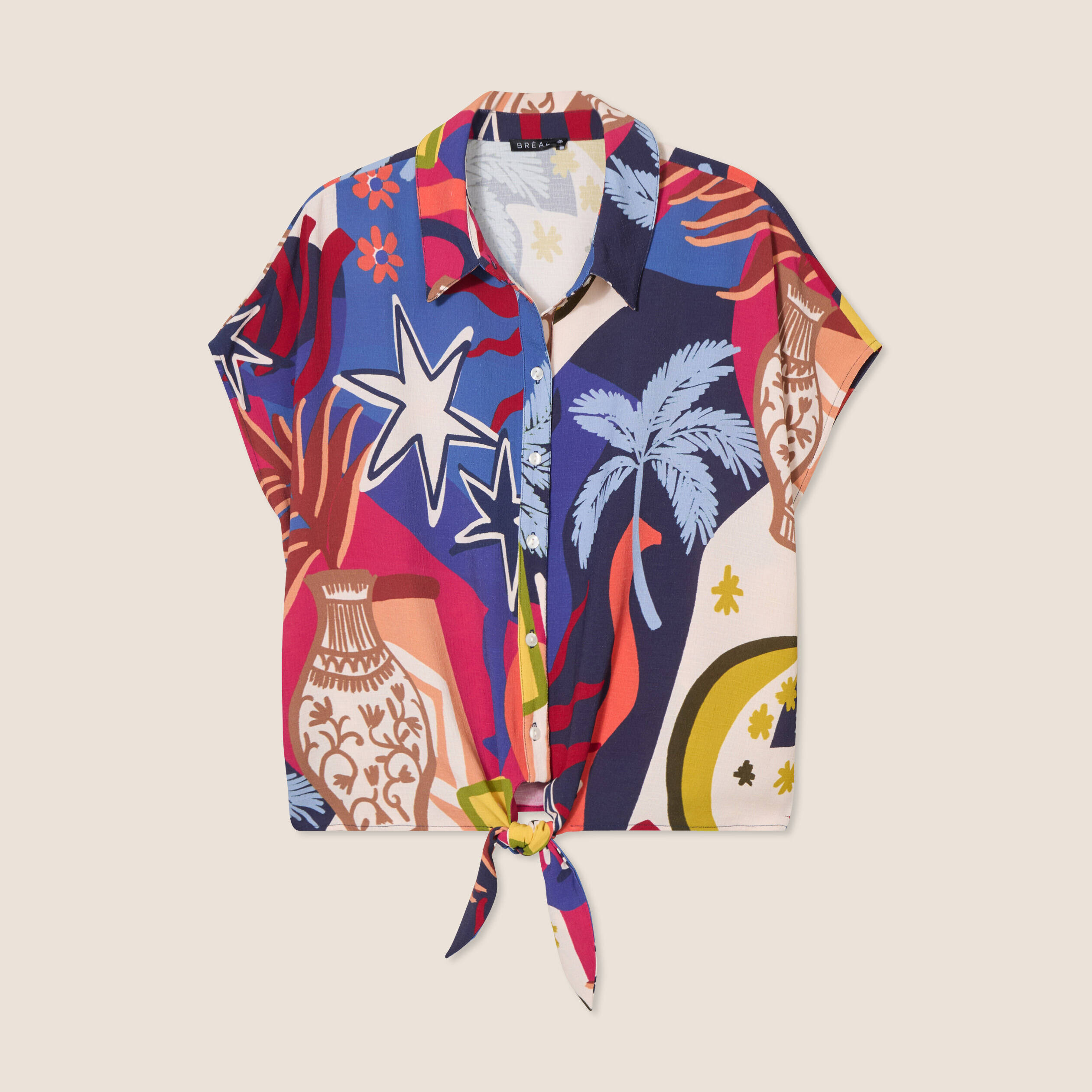 Chemise manches courtes nou&eacute;e bleu femme