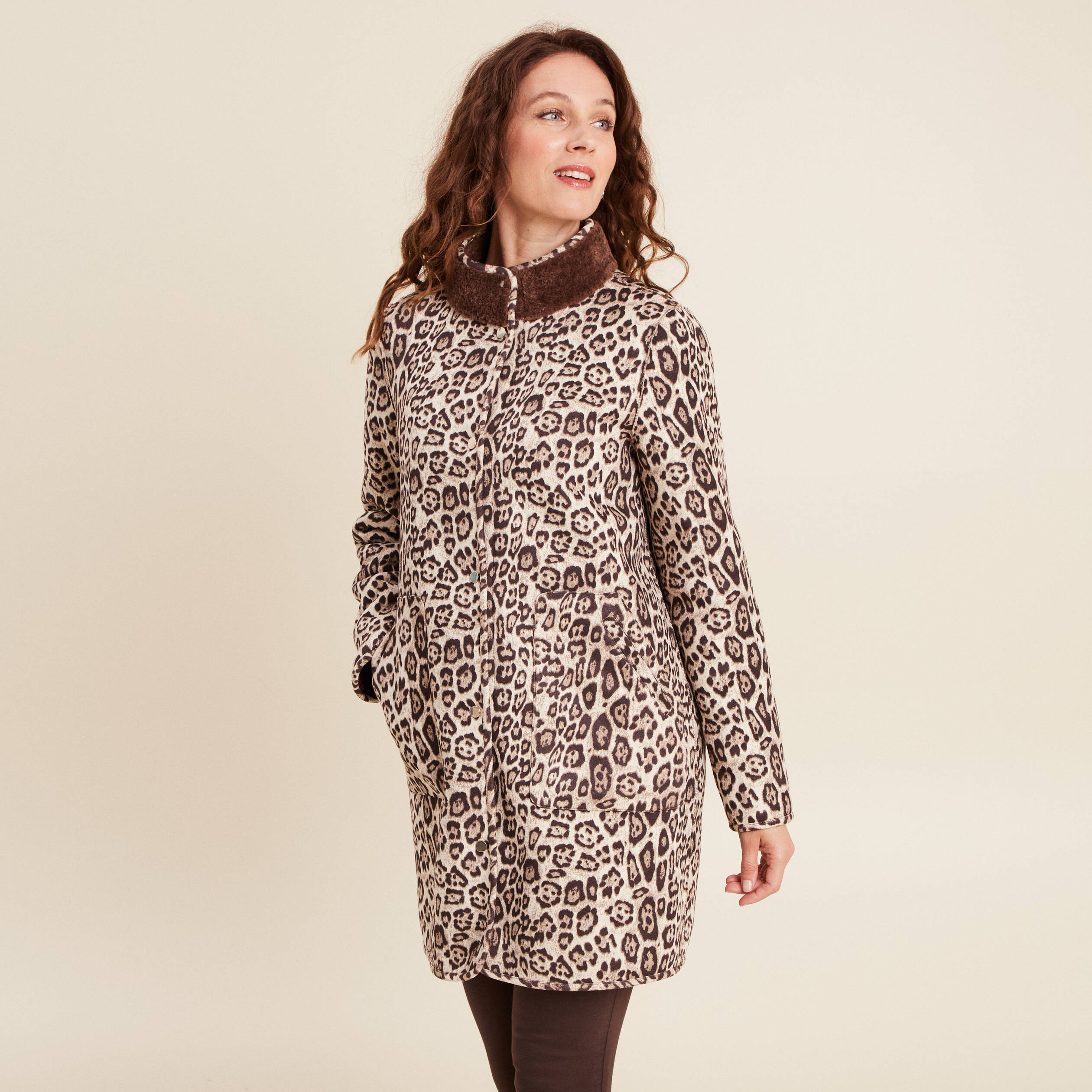 Manteau imprim&eacute; r&eacute;versible marron fonc&eacute; femme