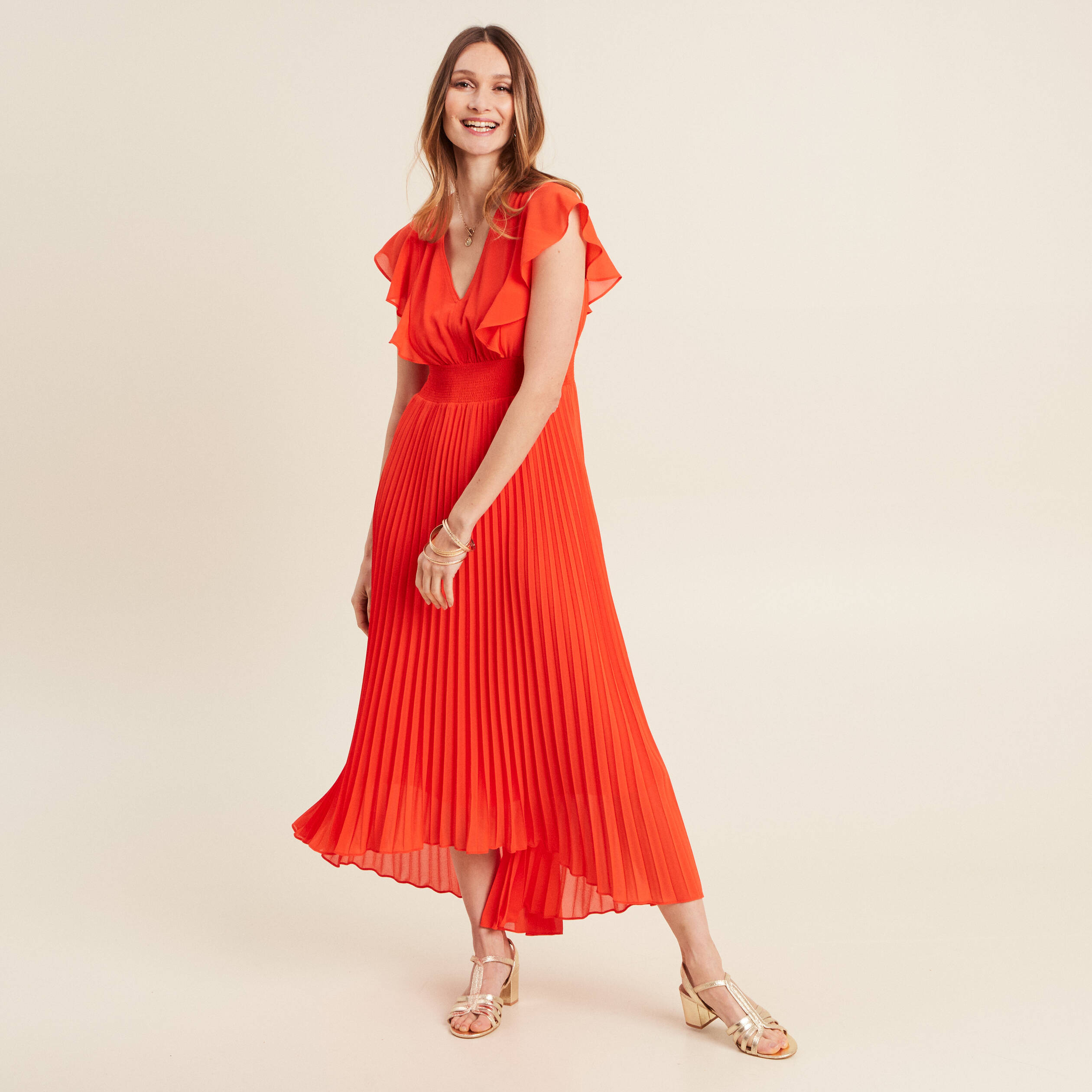 robe longue evasee a volants orange fonce femme Robe longue évasée à volants orange foncé femme