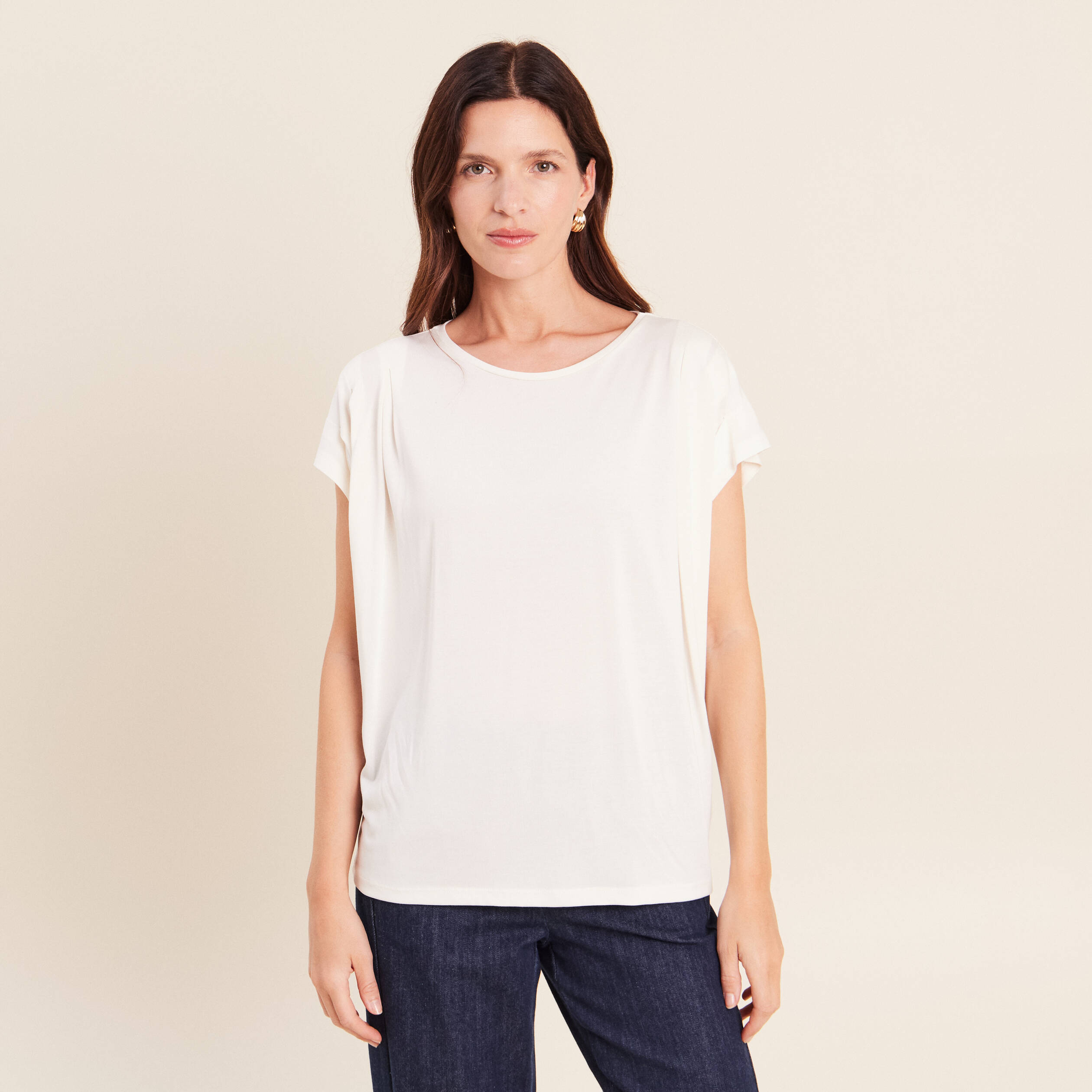 T-shirt droit col rond manches courtes ecru femme