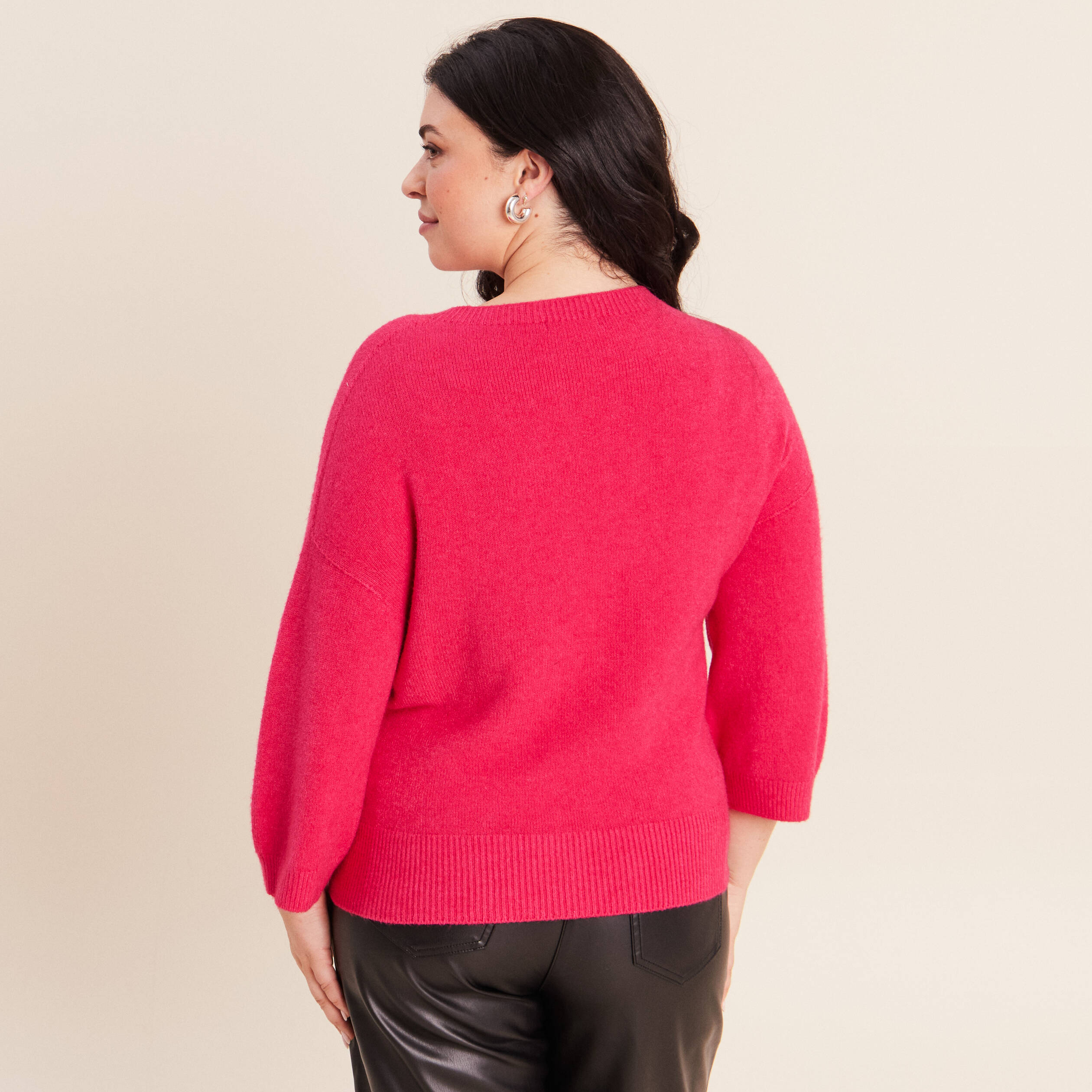 Pull droit col rond manches 3/4 rose femme