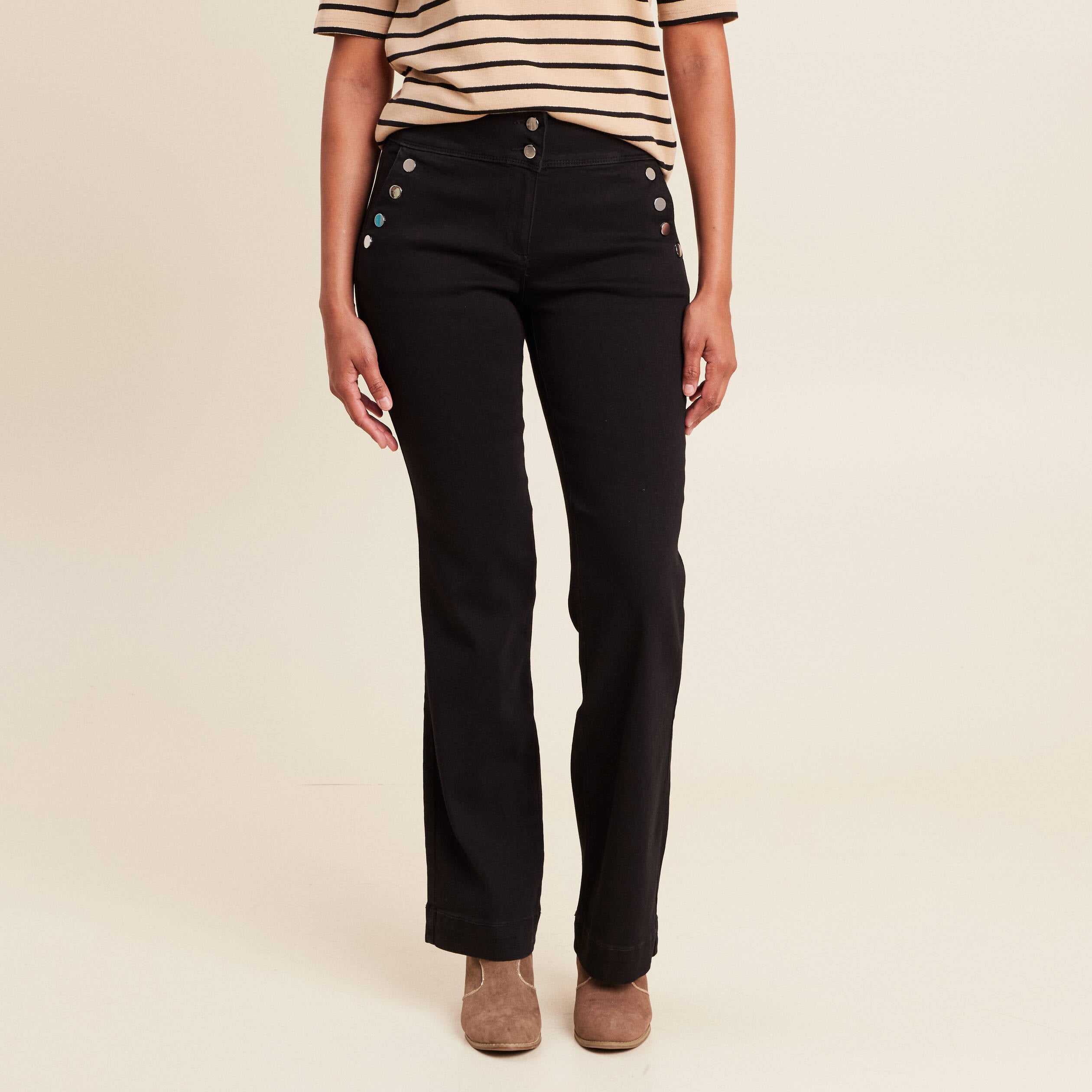 Pantalon coupe bootcut &agrave; pont noir femme