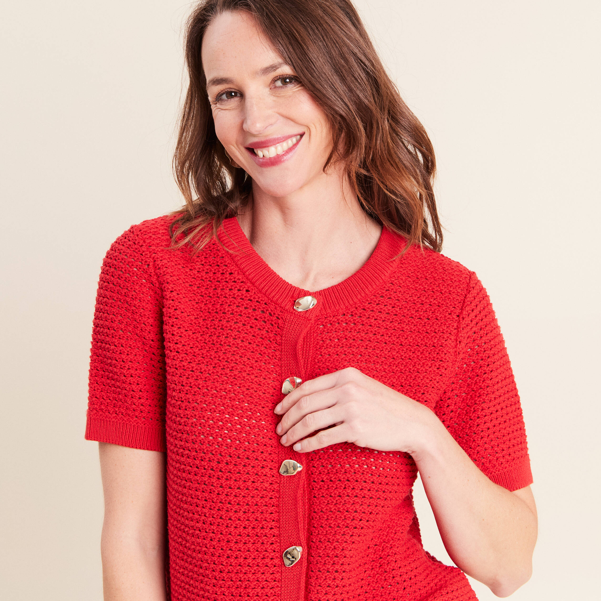 Gilet manches courtes col rond rouge femme