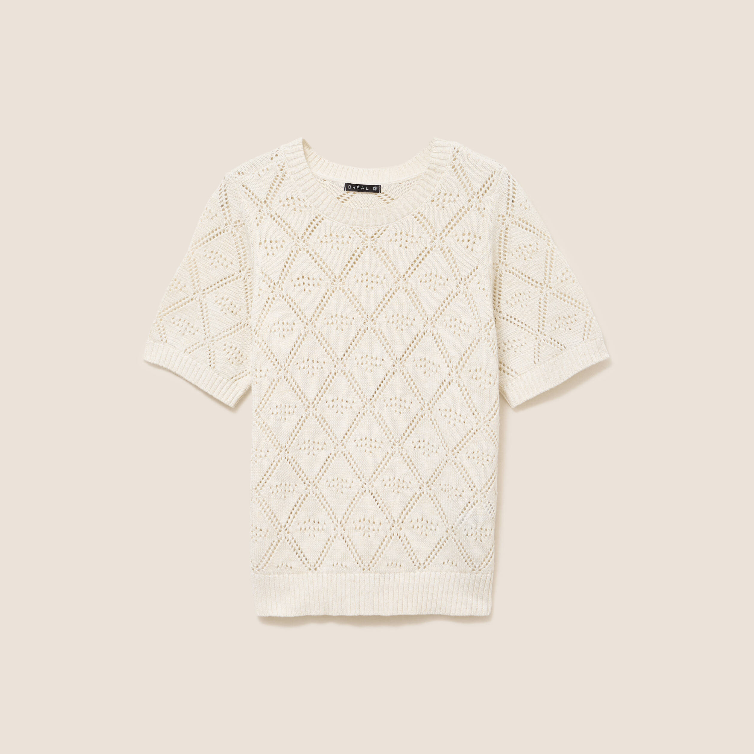 Pull droit court manches courtes ecru femme