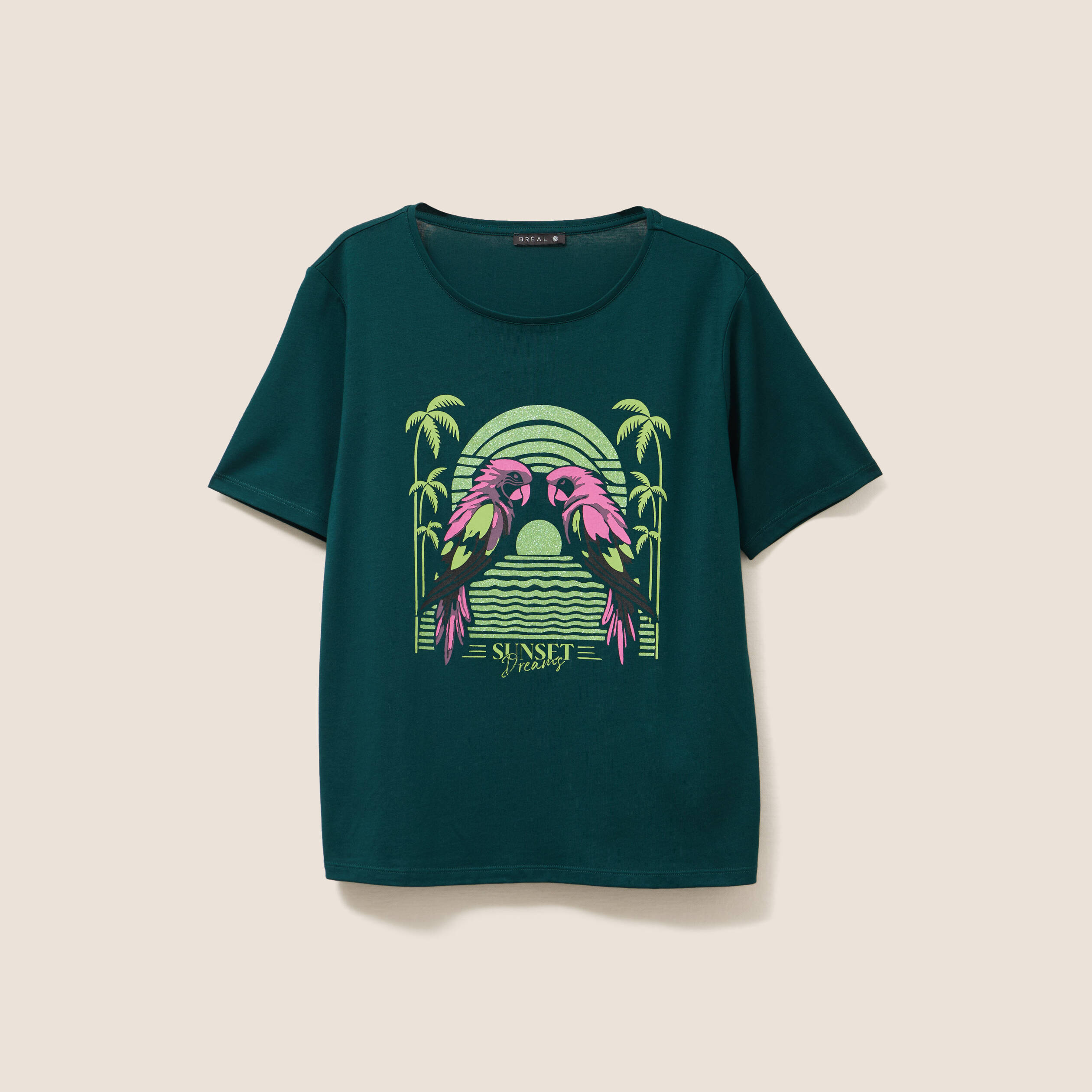 t shirt droit col rond manches courtes vert fonce femme T-shirt droit col rond manches courtes vert foncé femme