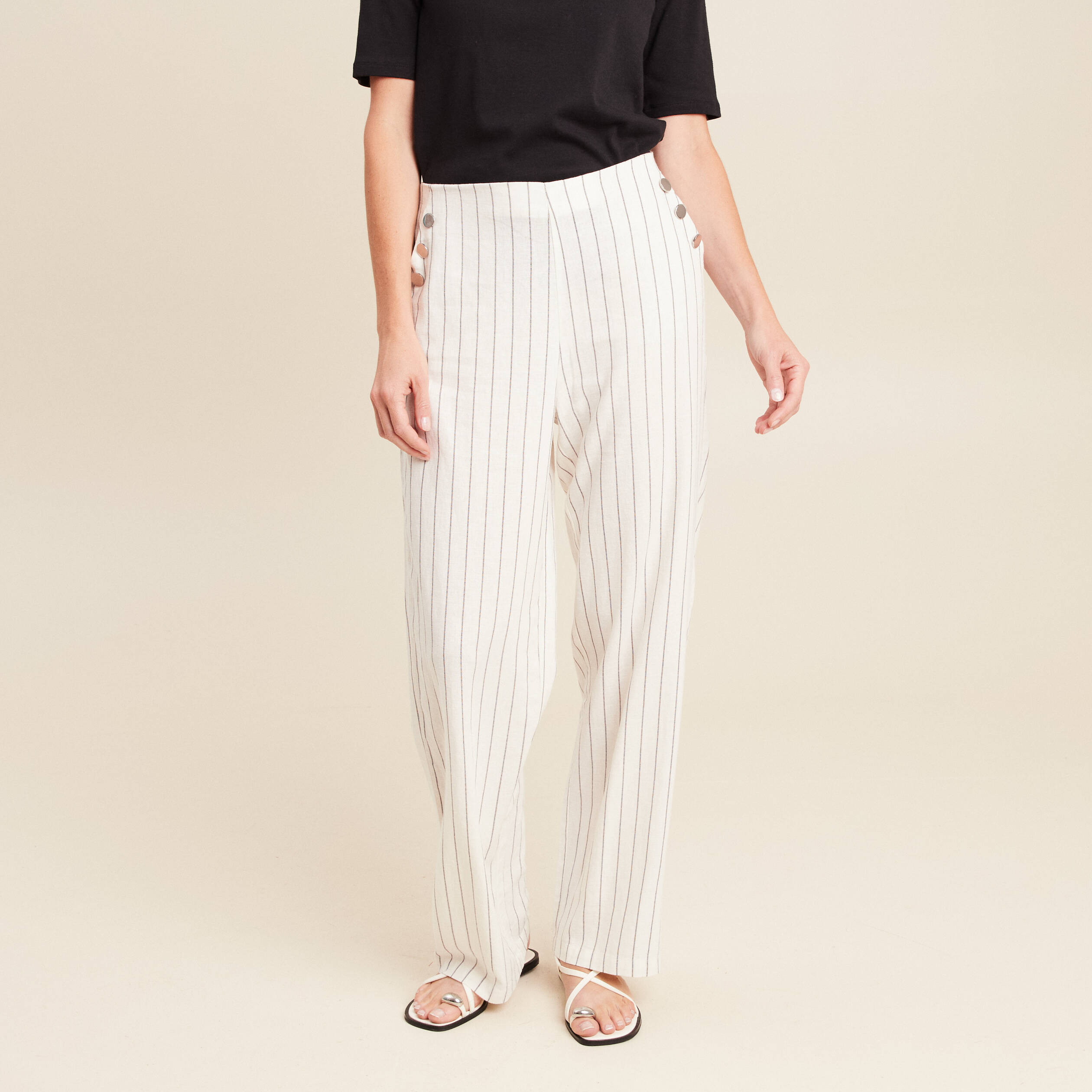 pantalon taille haute aspect lin blanc femme Pantalon taille haute aspect lin blanc femme
