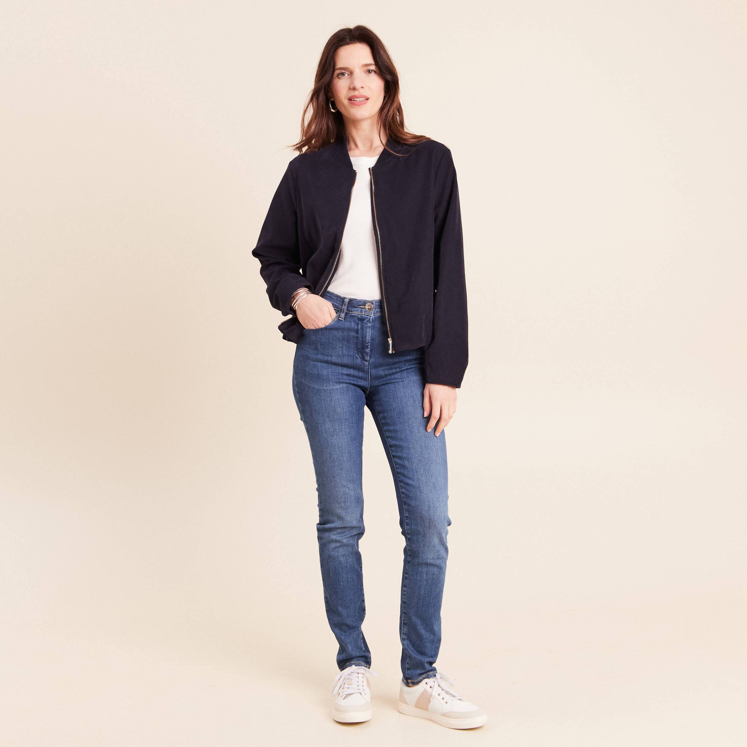Bomber manches longues en velours doubl&eacute; bleu fonc&eacute; femme