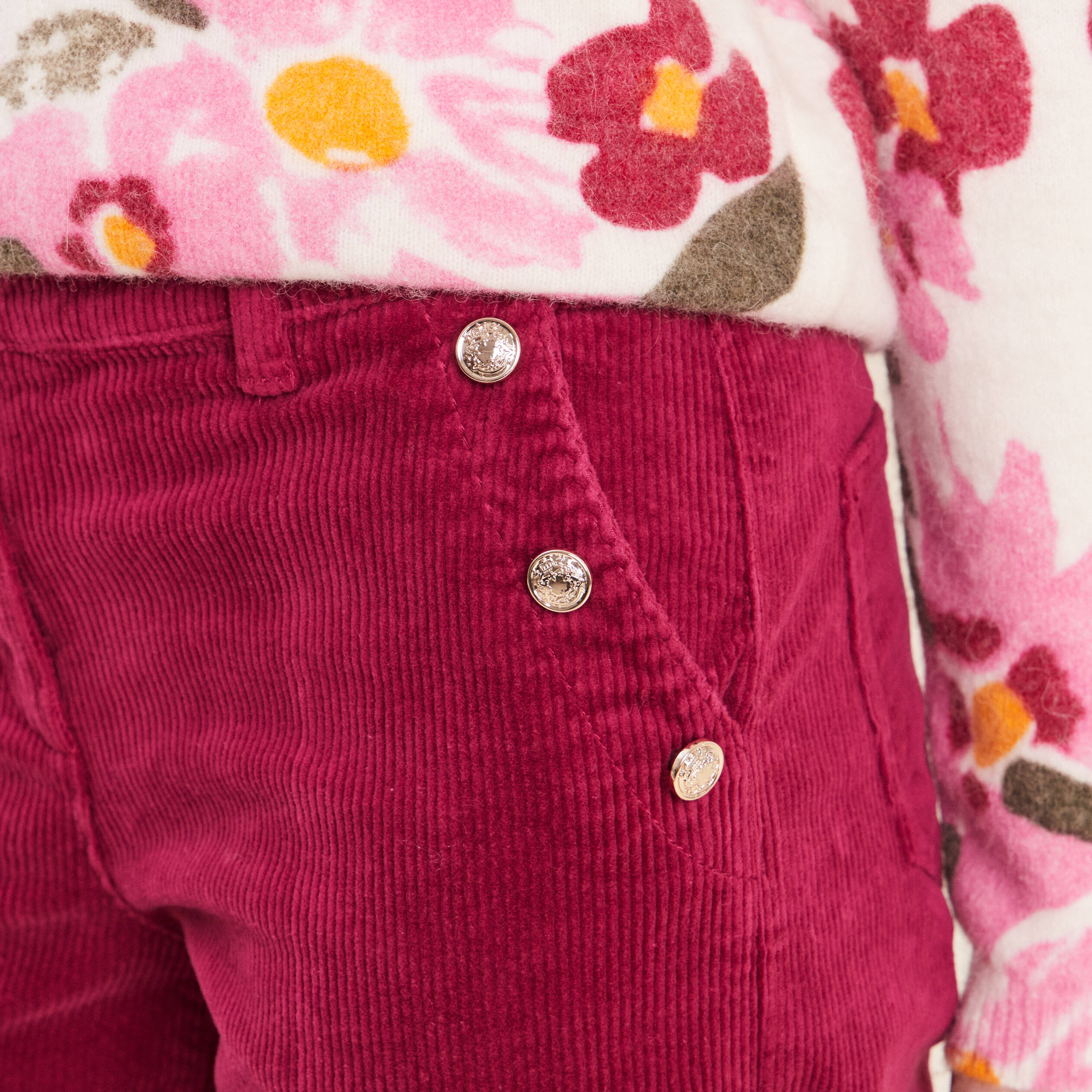 Pantalon large velours c&ocirc;tel&eacute; rouge fonc&eacute; femme
