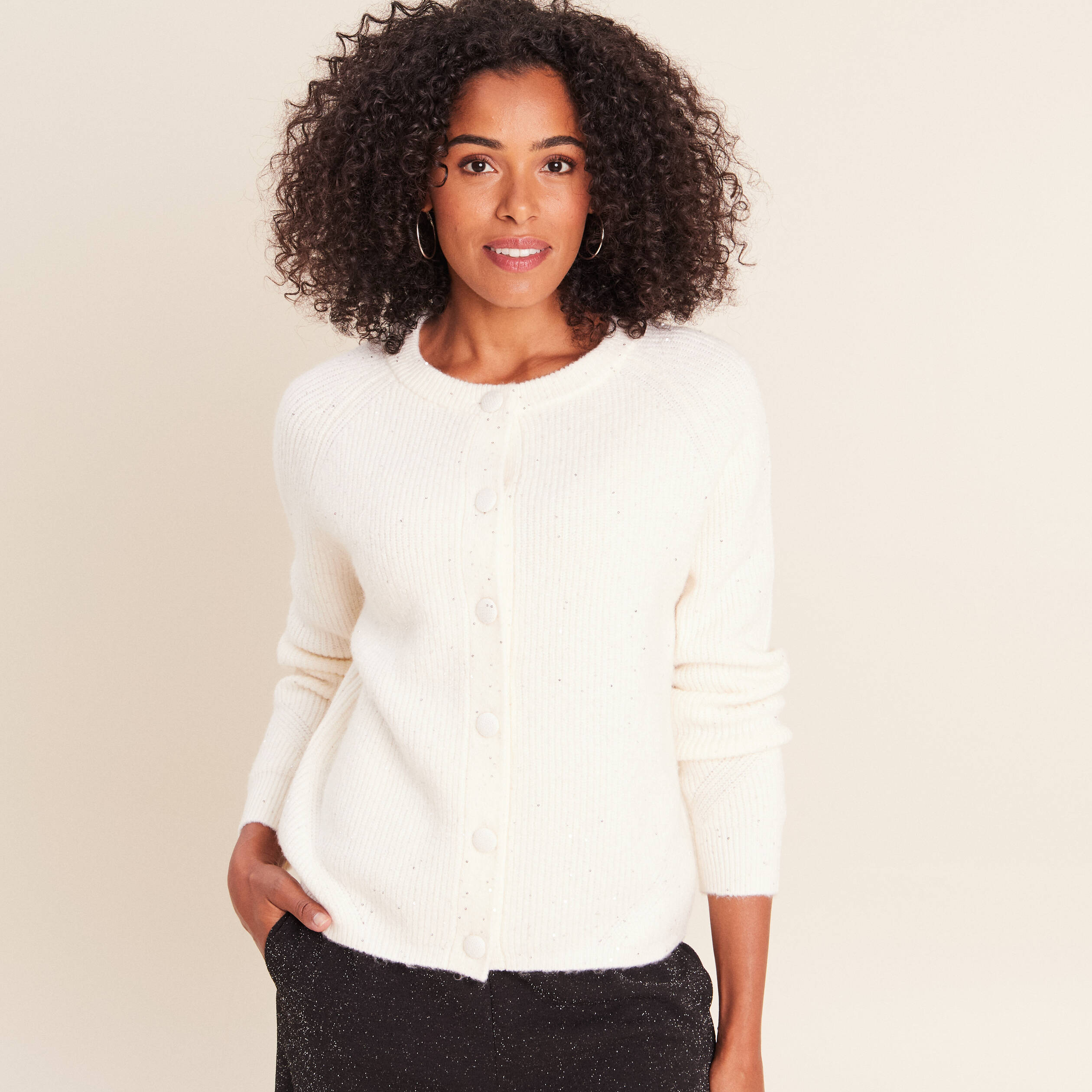 Cardigan col rond &agrave; sequins ecru femme