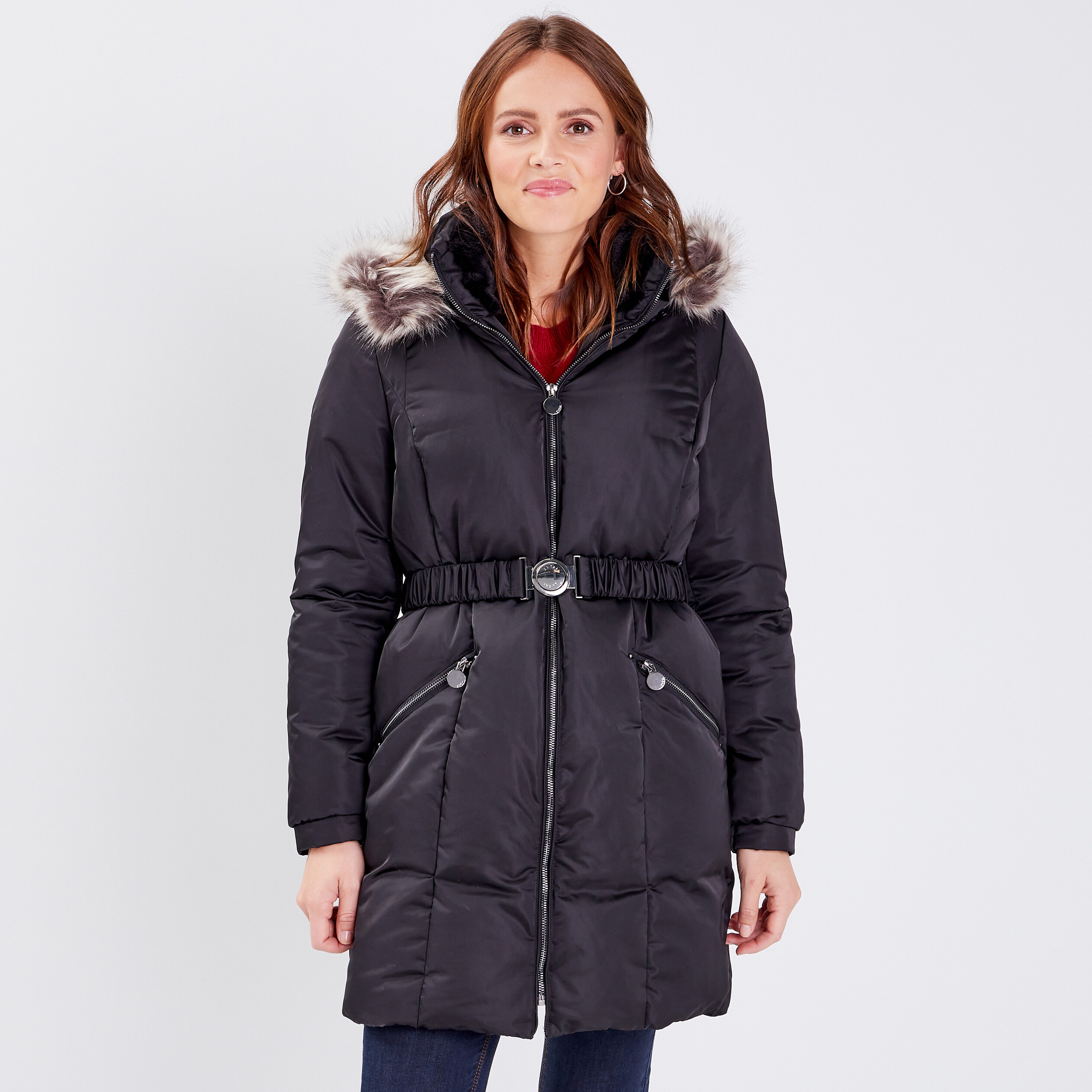 Doudoune droite ceinturée déperlante noir femme