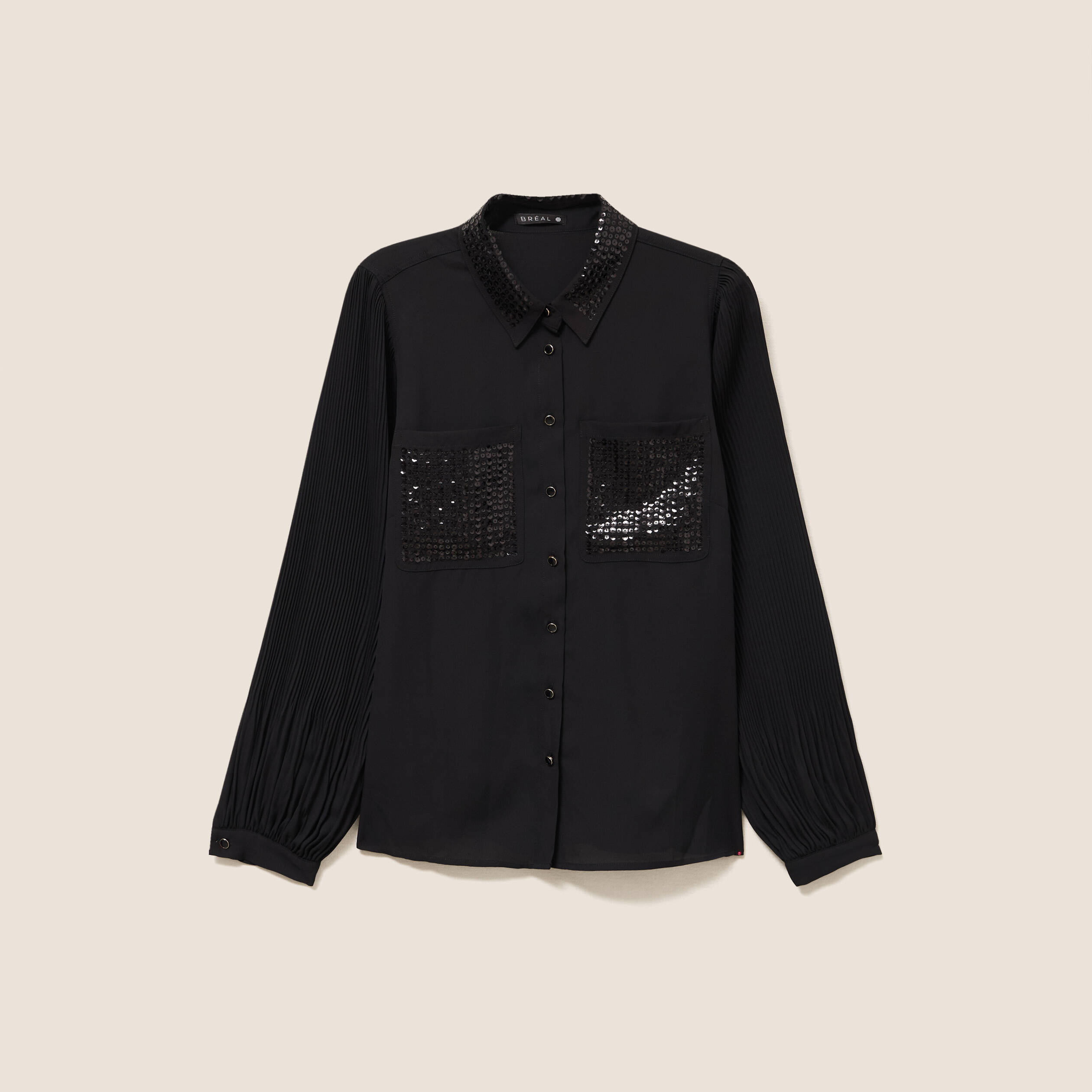 Chemise fluide &agrave; sequins manches longues noir femme