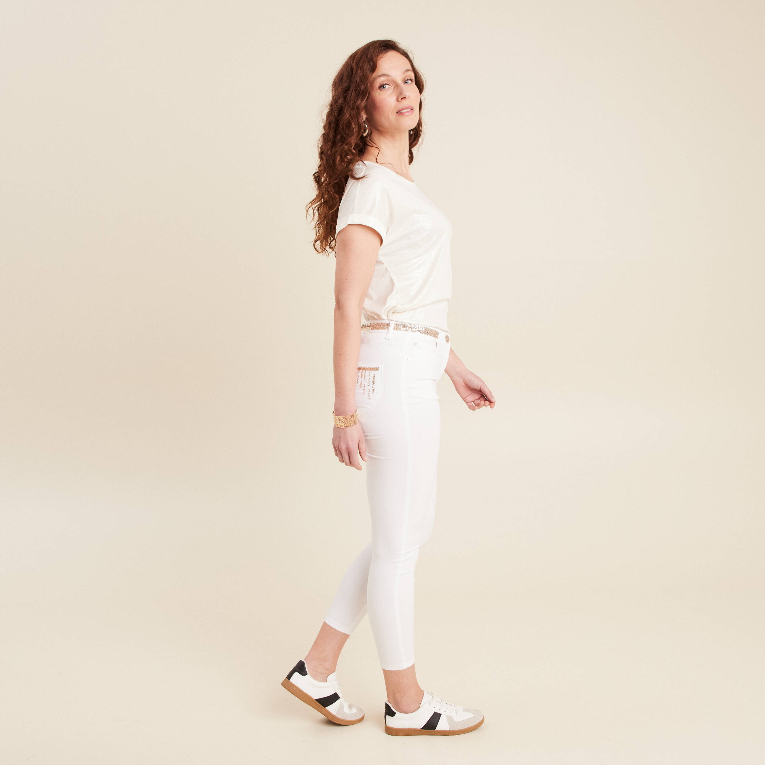 pantalon ajuste sequins blanc femme Pantalon ajusté sequins blanc femme