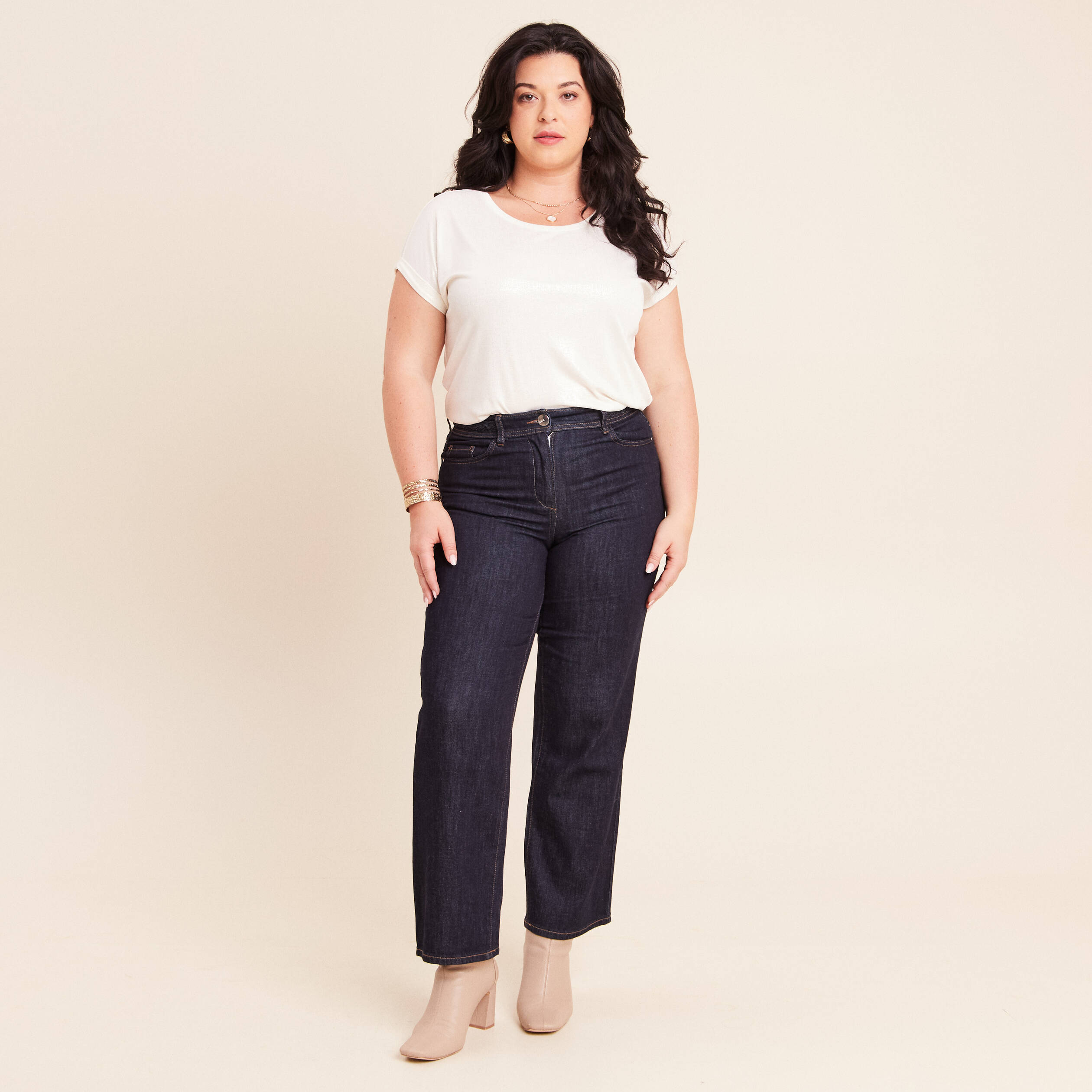 Jean coupe large 7/8&egrave;me taille haute denim brut femme
