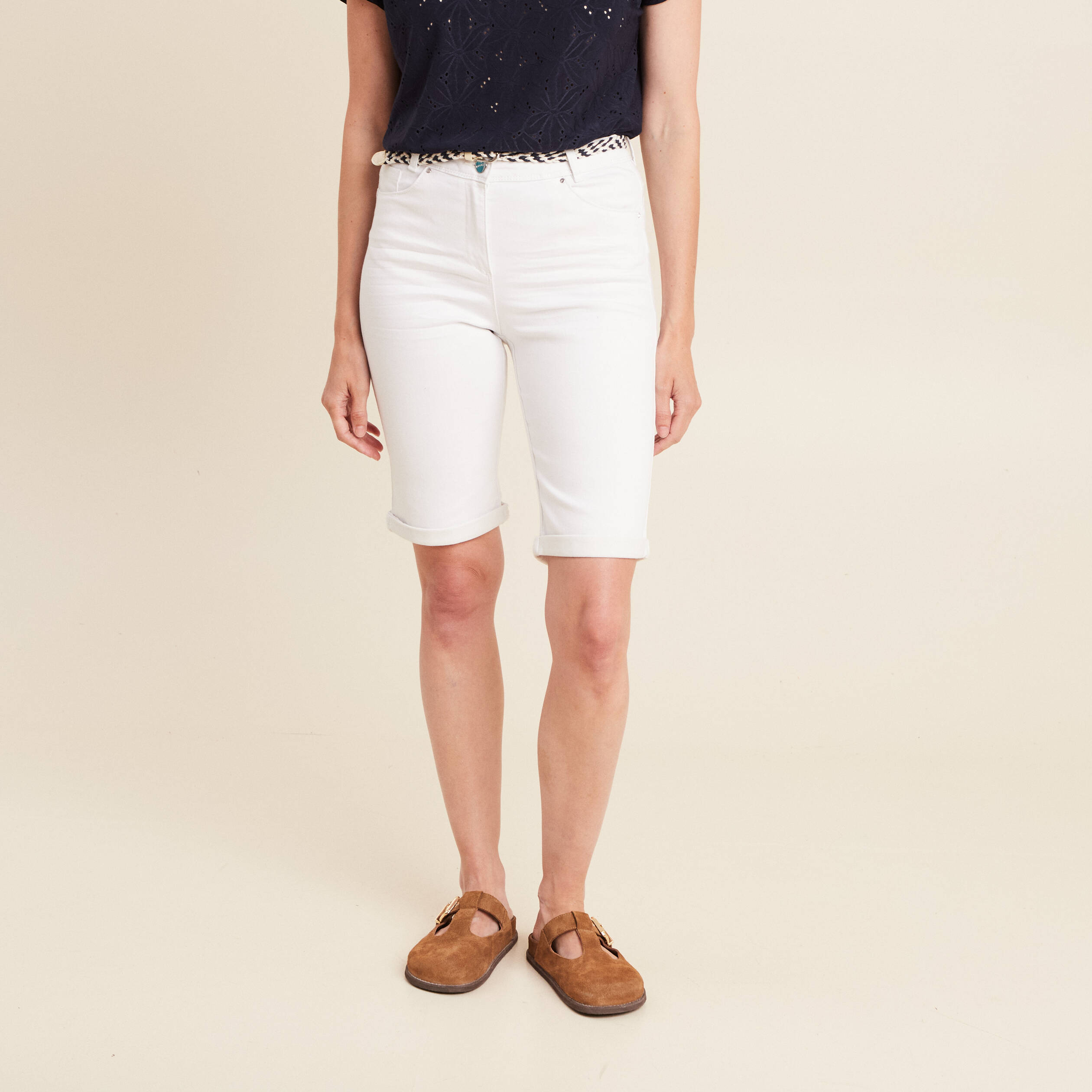 bermuda ajuste ceinture blanc femme Bermuda ajusté ceinturé blanc femme