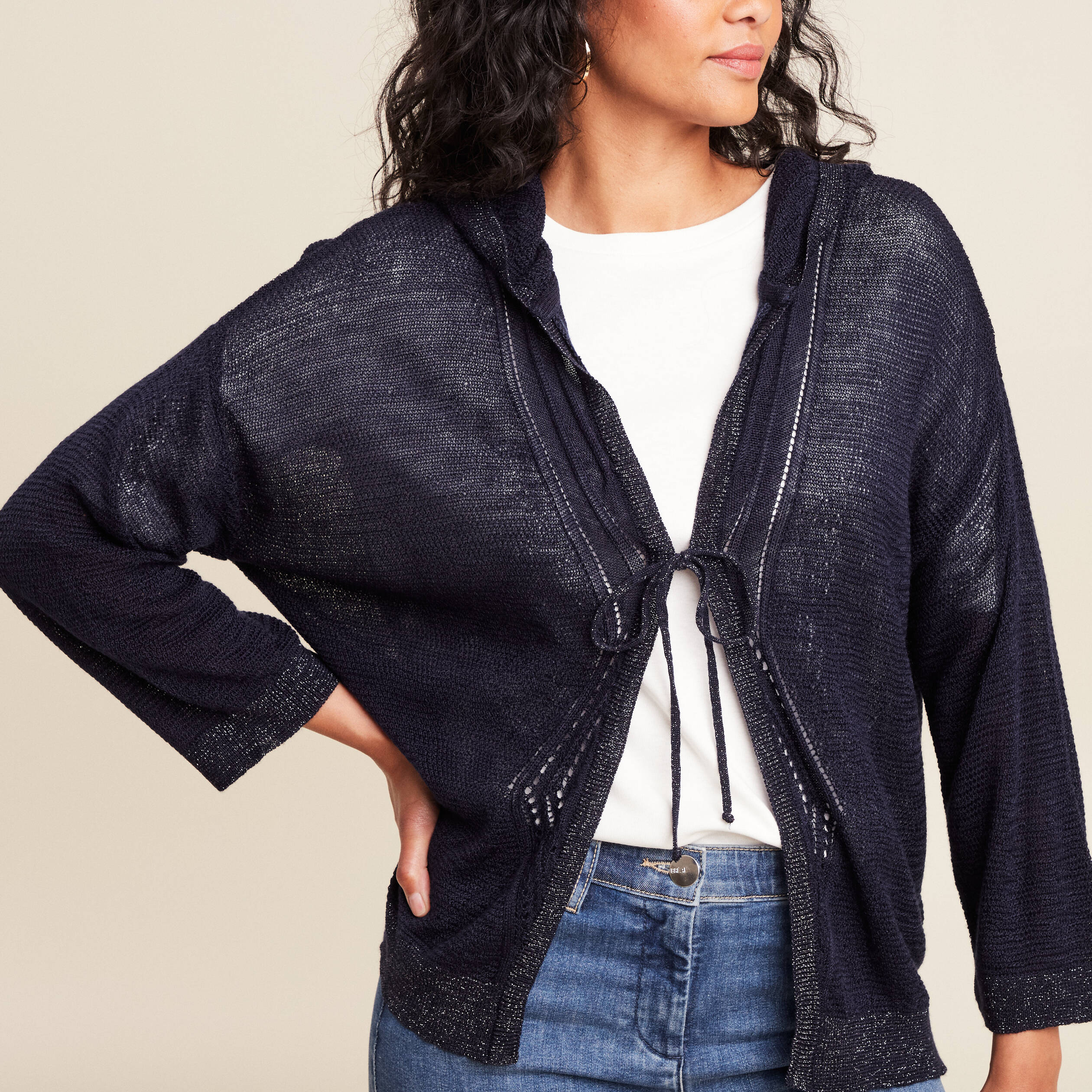 gilet droit mi long a capuche bleu marine femme Gilet droit mi-long à capuche bleu marine femme